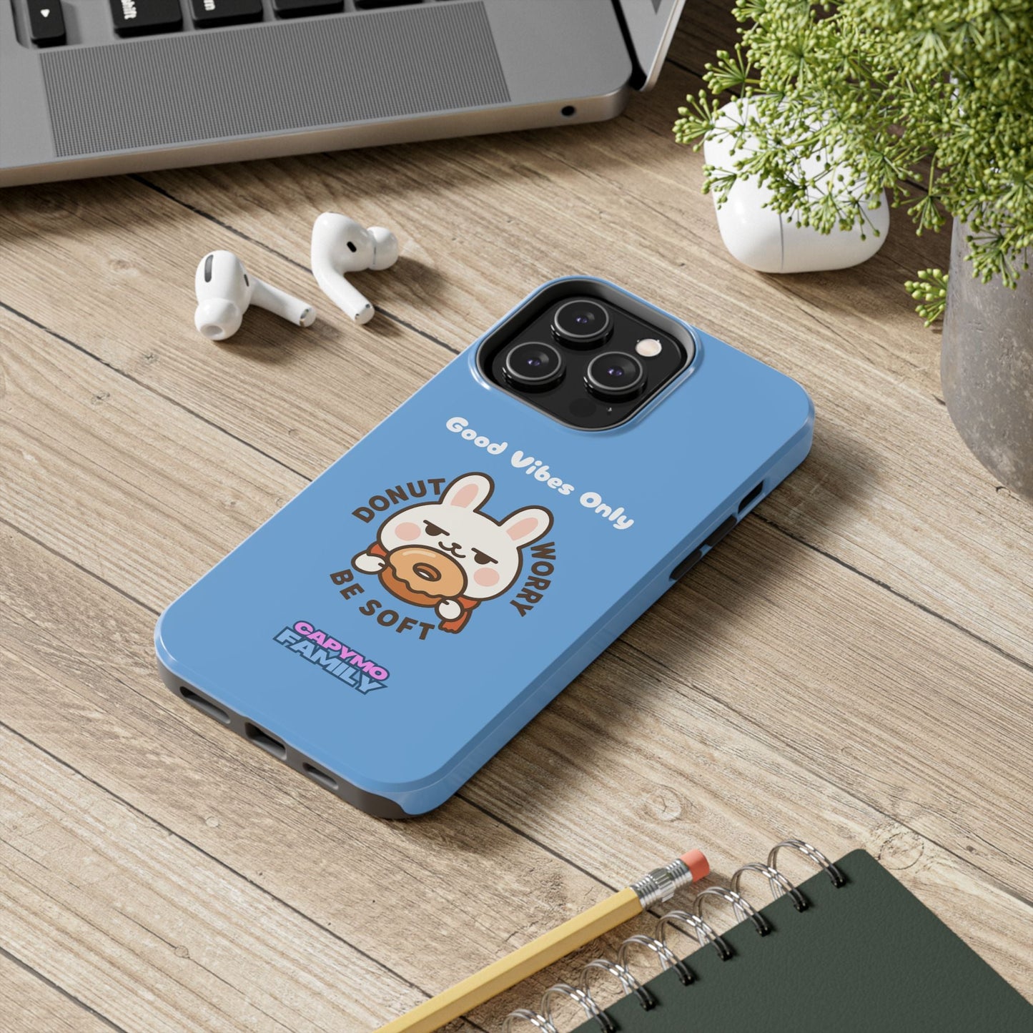Capymo Family “Donut Worry, Be Soft” Phone Case – Cute Bunny & Donut Positive Vibes Cover - Capymo Family