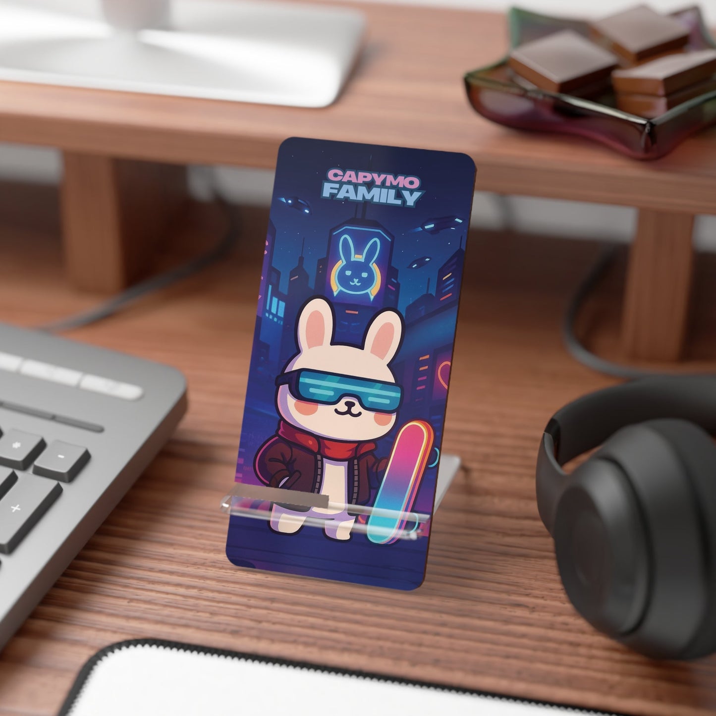 Capymo Family Kawaii Bunny Mobile Stand – “Neo City Skater” Cute Desktop Phone Holder - Capymo Family