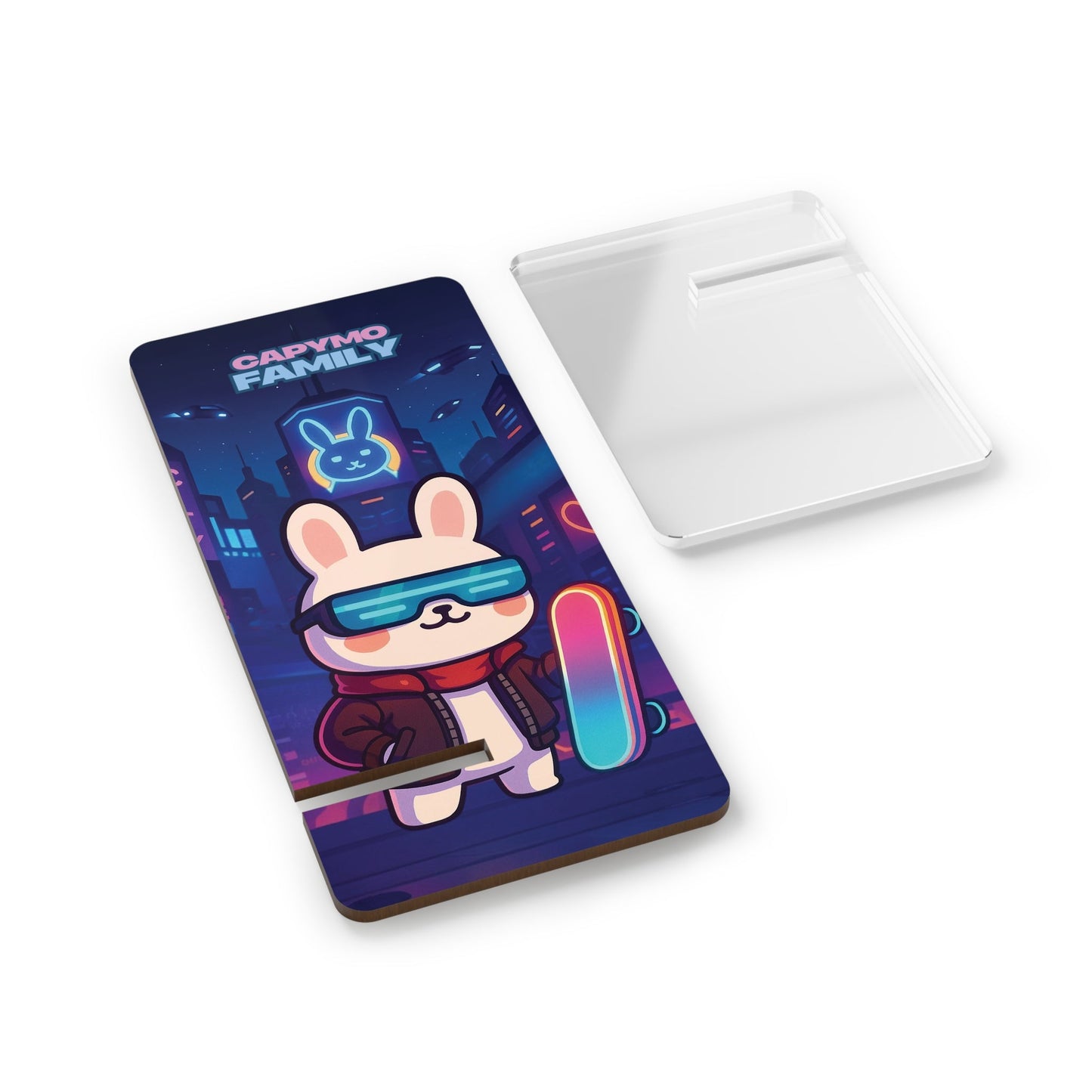Capymo Family Kawaii Bunny Mobile Stand – “Neo City Skater” Cute Desktop Phone Holder - Capymo Family