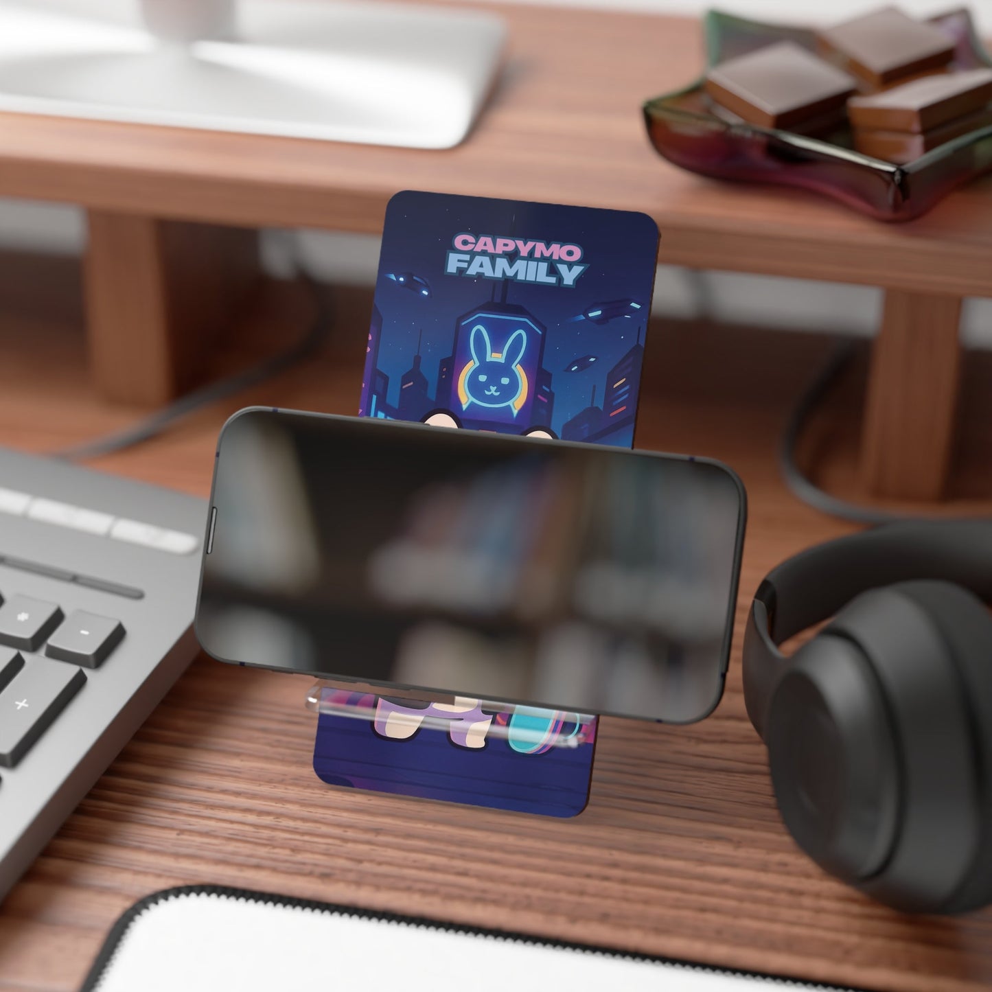 Capymo Family Kawaii Bunny Mobile Stand – “Neo City Skater” Cute Desktop Phone Holder - Capymo Family