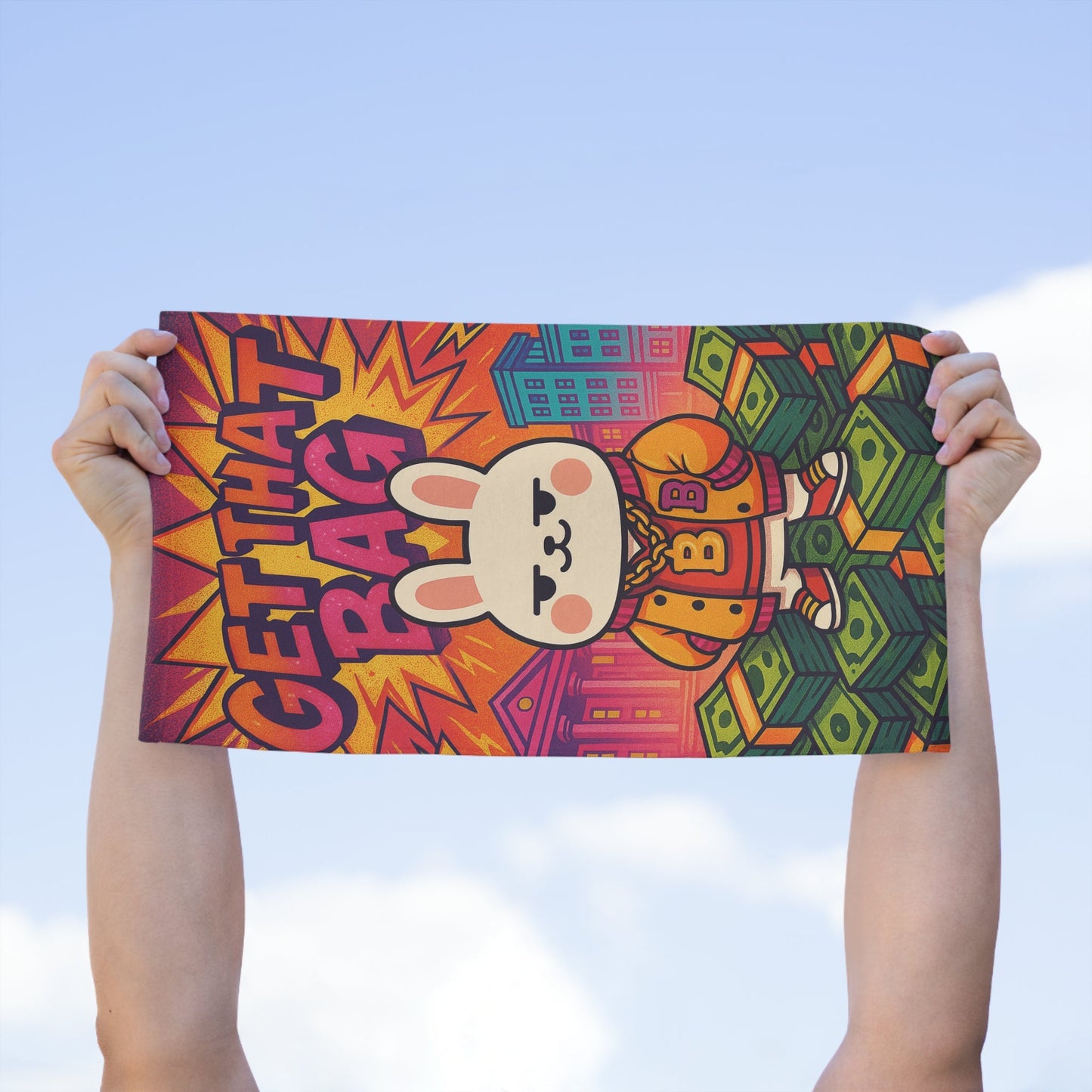 Capymo Family Vibrant Rally Towel - Get That Bag Bunny Design, Sports Towel, Gym Accessory, Colorful Beach Towel, Motivational Gift - Capymo Family