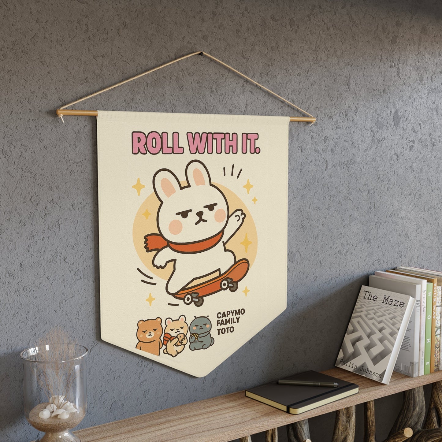 Fabric Wall Banner, Roll With It Toto, Bunny Wall Art, Dorm Room Decor, Funny Home Office Sign, Gen Z Banner, Motivational Quote Tapestry - Capymo Family