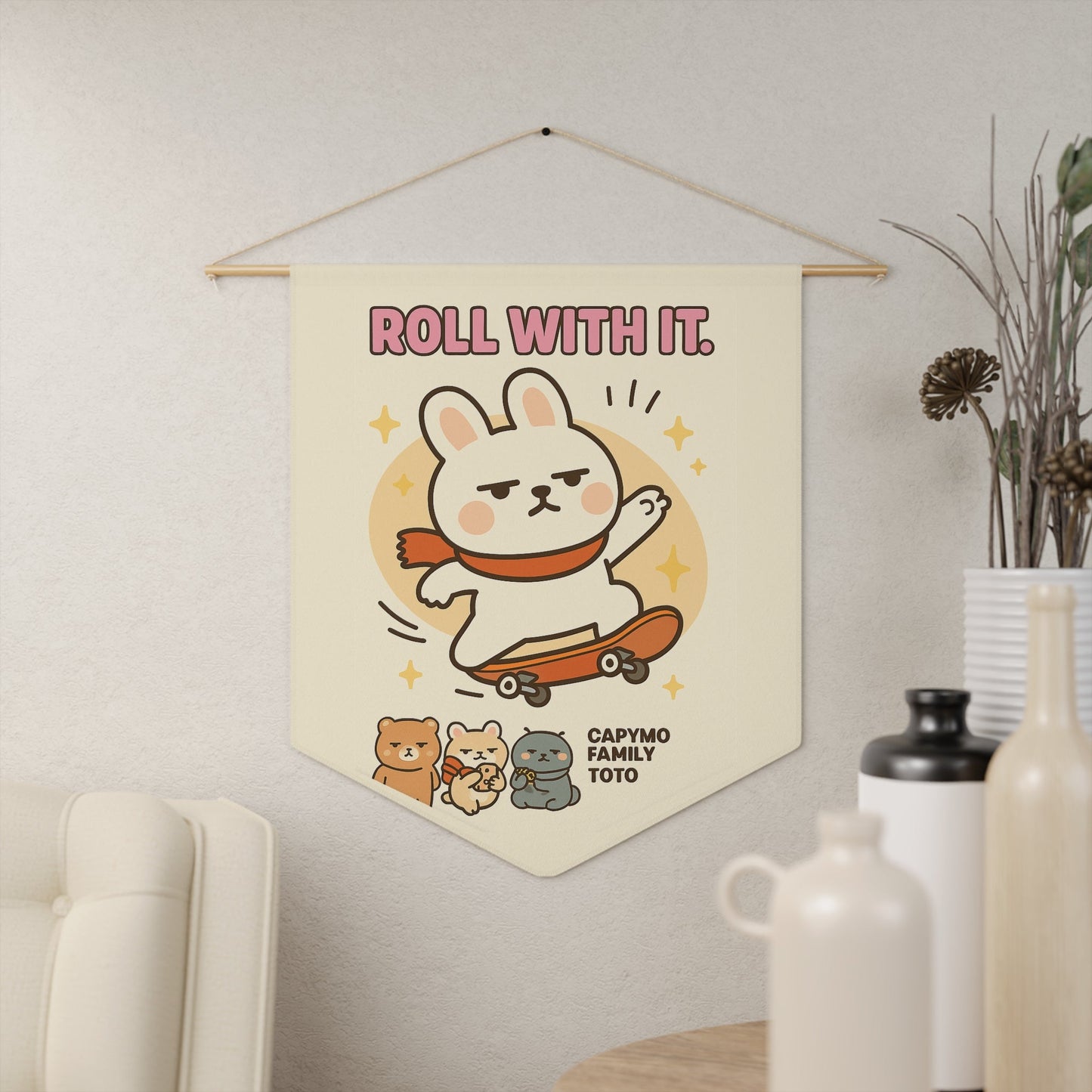 Fabric Wall Banner, Roll With It Toto, Bunny Wall Art, Dorm Room Decor, Funny Home Office Sign, Gen Z Banner, Motivational Quote Tapestry - Capymo Family