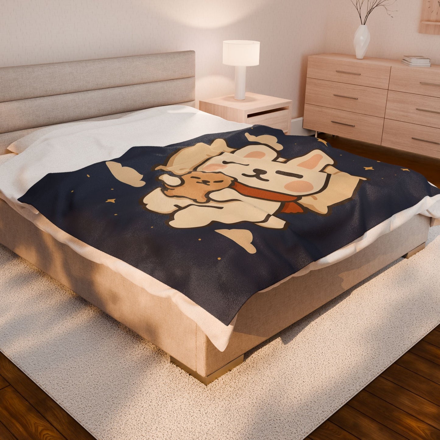 Velveteen Plush Blanket - Toto Sleeping Bunny Cartoon Cozy Throw, All Ages, Soft Kids Bedspread, Warm Lap Cover, Decorative Sofa Blanket - Capymo Family