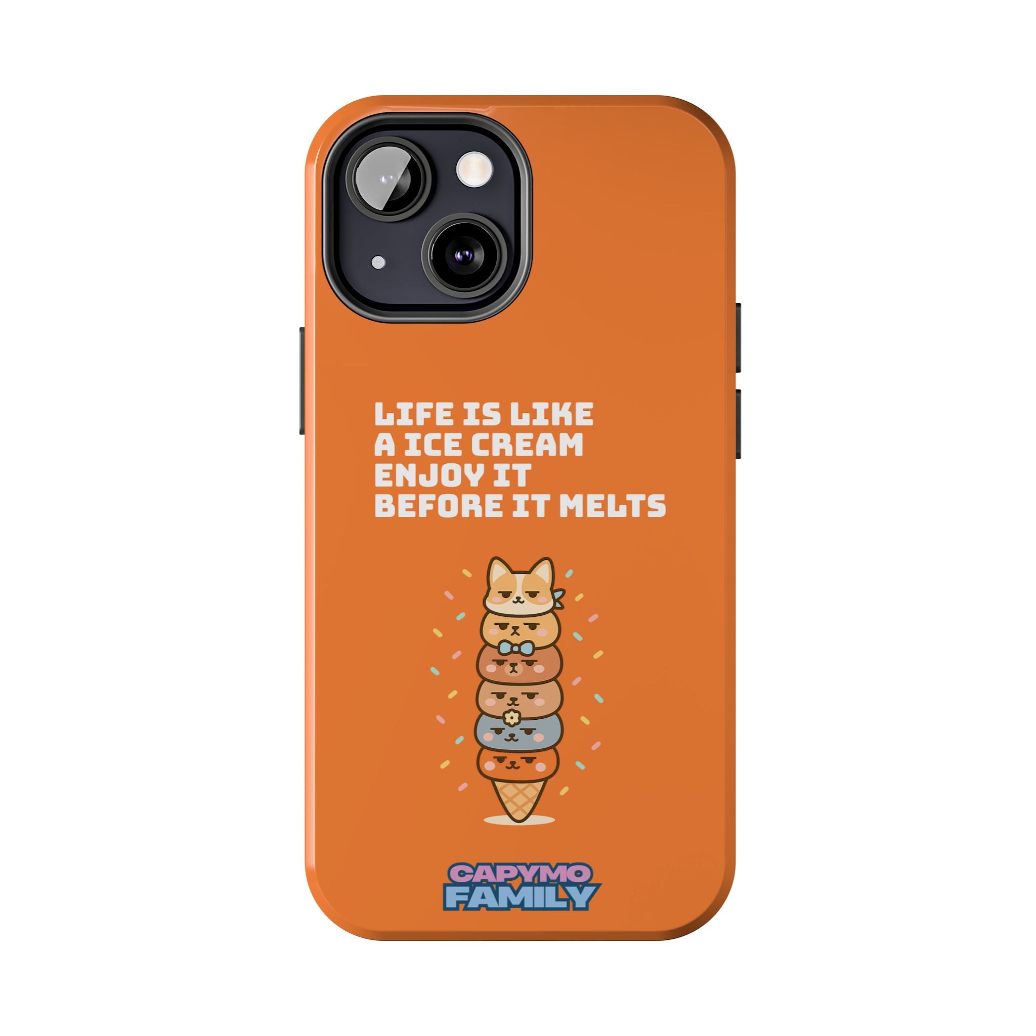 Capymo Family Ice Cream Cat Quote Phone Case – Cute Orange iPhone Cover with Motivational Saying