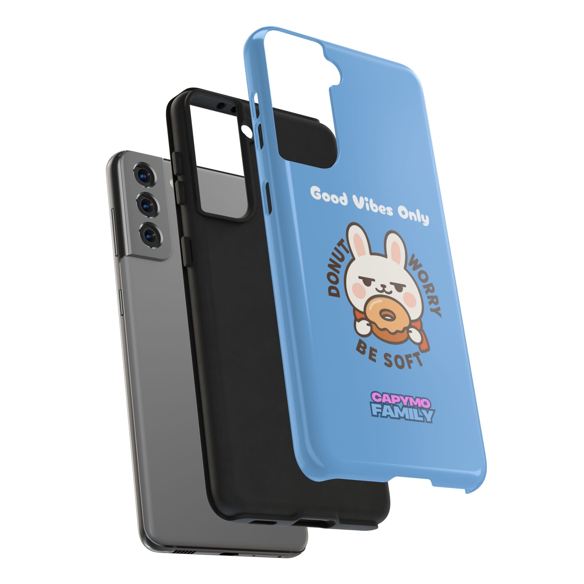 Capymo Family “Donut Worry, Be Soft” Phone Case – Cute Bunny & Donut Positive Vibes Cover