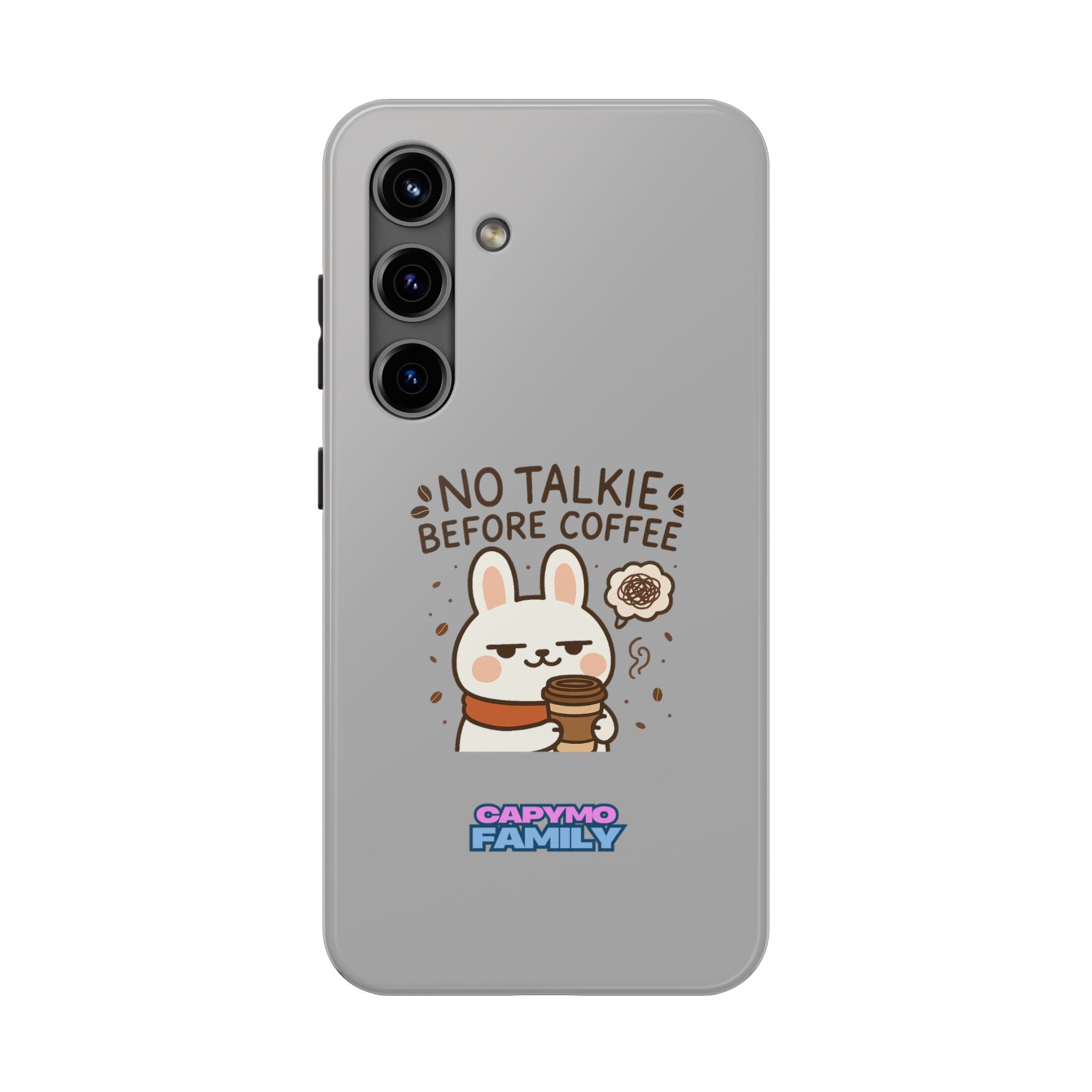 Capymo Family “No Talkie Before Coffee” Phone Case – Grumpy Bunny Morning Mood