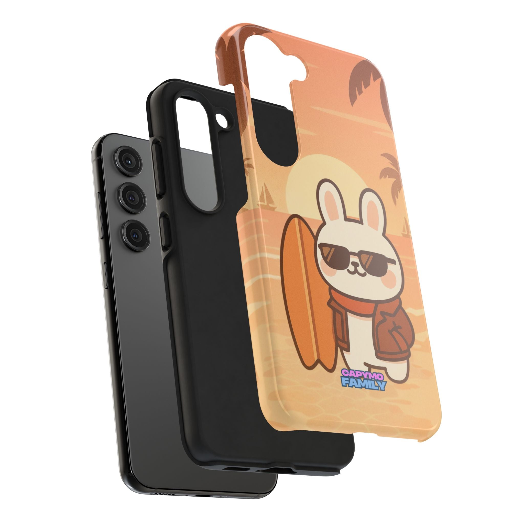 Capymo Family Sunset Surf Bunny Phone Case – Tropical Beach Skateboard Bunny "Toto" Phone Case