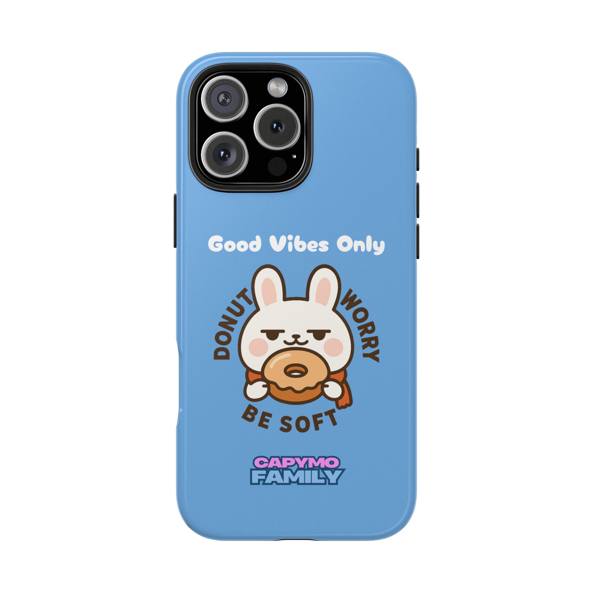 Capymo Family “Donut Worry, Be Soft” Phone Case – Cute Bunny & Donut Positive Vibes Cover