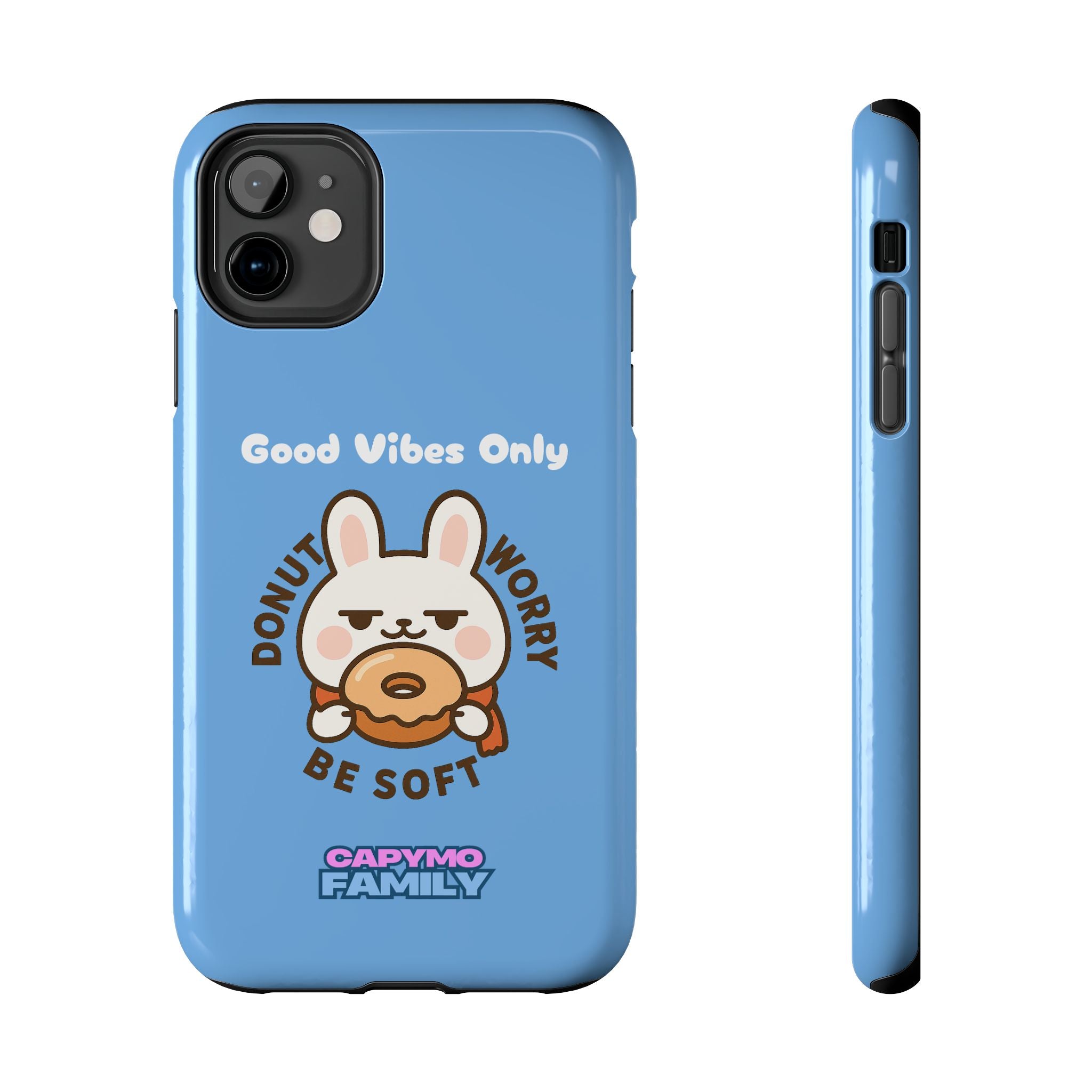 Capymo Family “Donut Worry, Be Soft” Phone Case – Cute Bunny & Donut Positive Vibes Cover