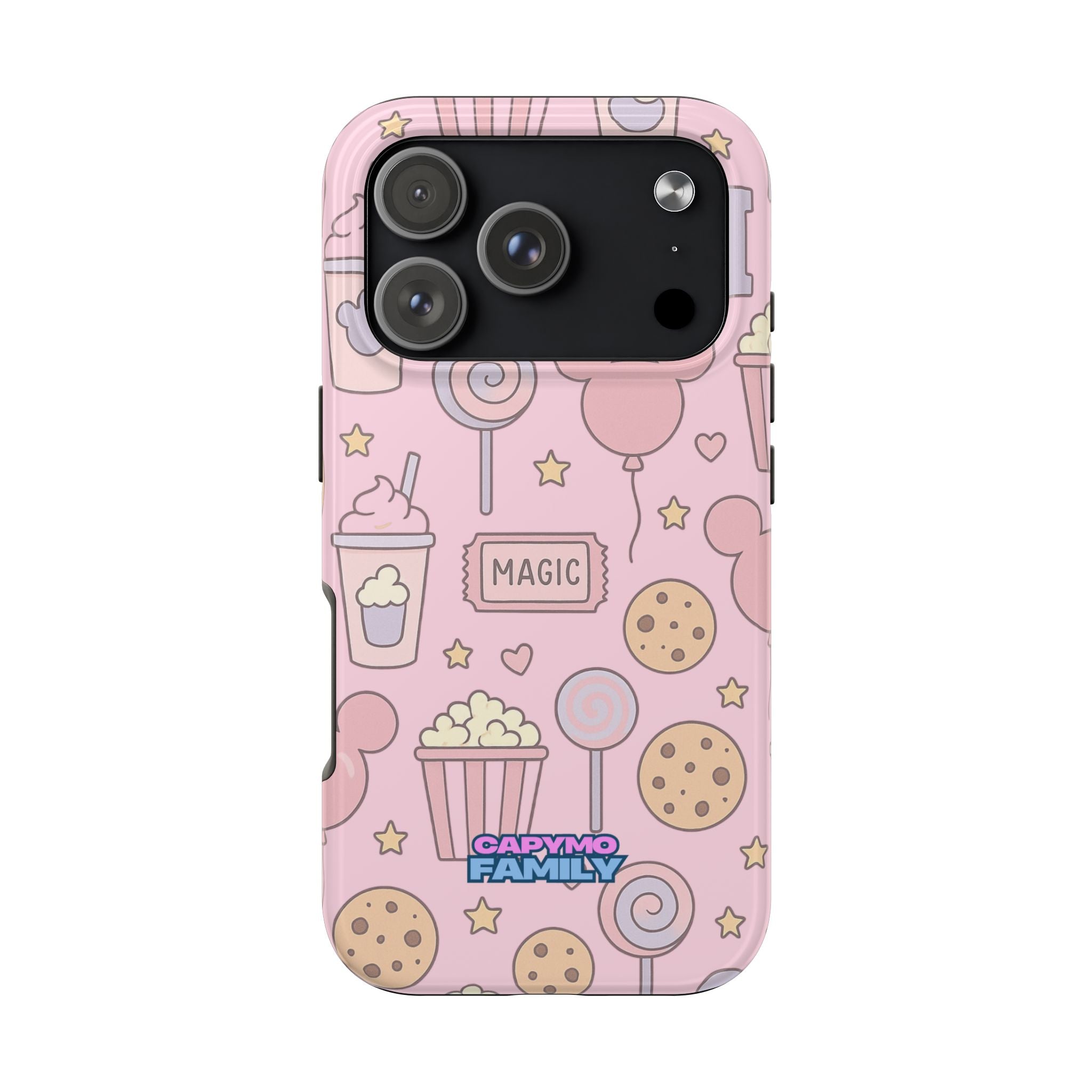 Capymo Family Kawaii Magic Snack Phone Case – Pastel Candy, Popcorn & Cookie Pattern Cover
