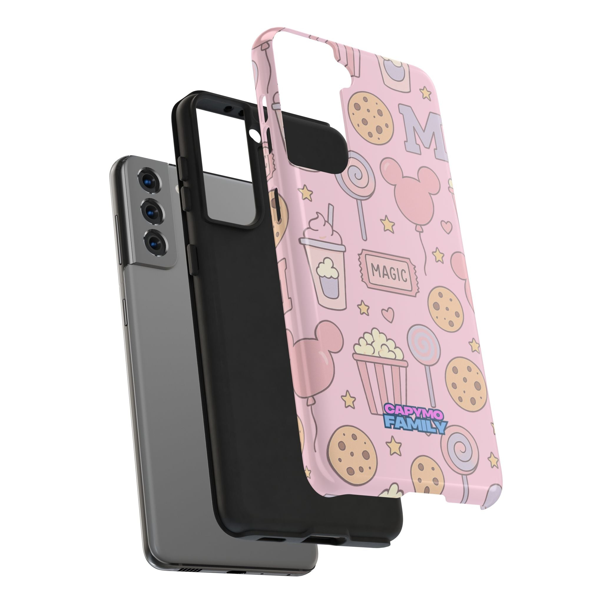 Capymo Family Kawaii Magic Snack Phone Case – Pastel Candy, Popcorn & Cookie Pattern Cover