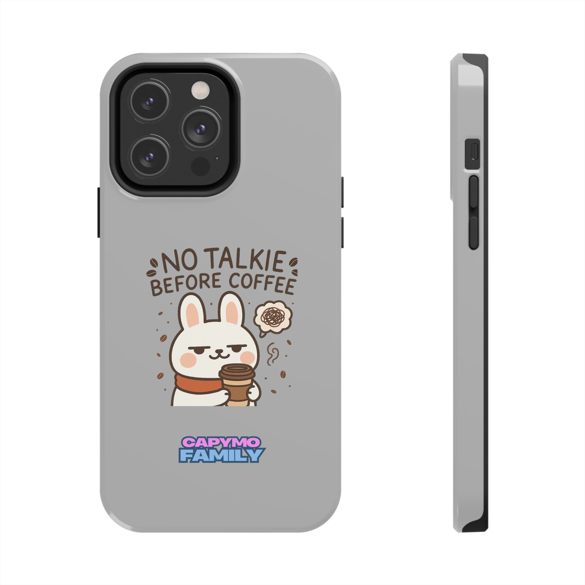 Capymo Family “No Talkie Before Coffee” Phone Case – Grumpy Bunny Morning Mood