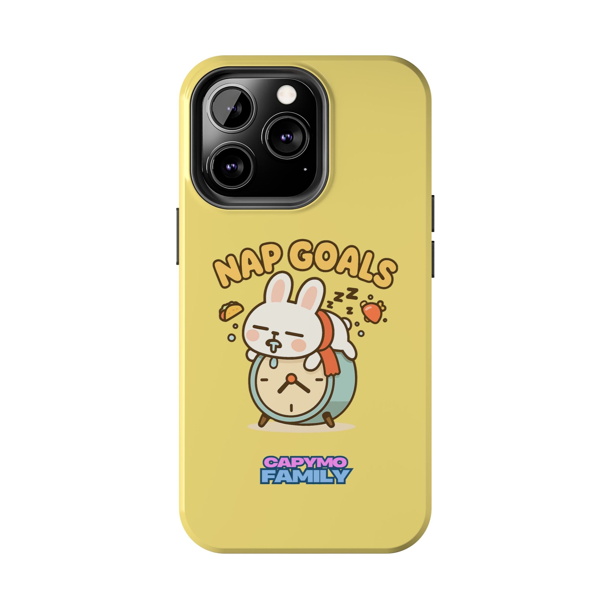 Capymo Family “Nap Goals” Phone Case – Cute Bunny Toto Sleeping on Alarm Clock Cover