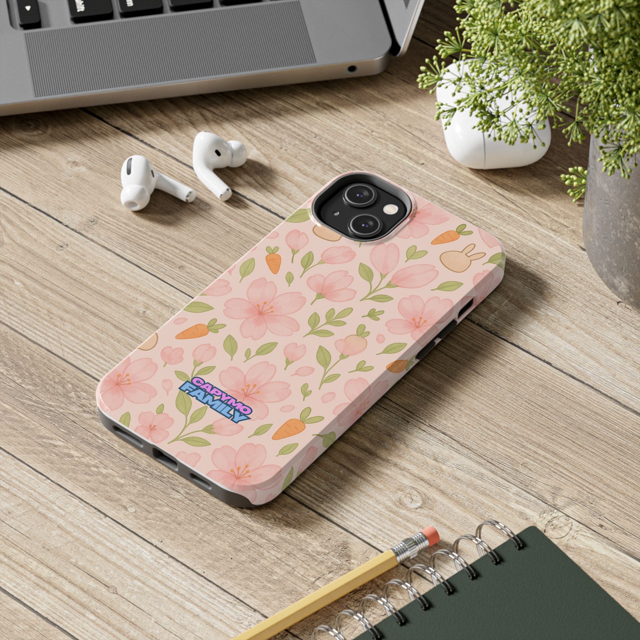 Capymo Family Bunny Blossom Spring Phone Case – Cute Floral iPhone Cover with Carrots & Sakura