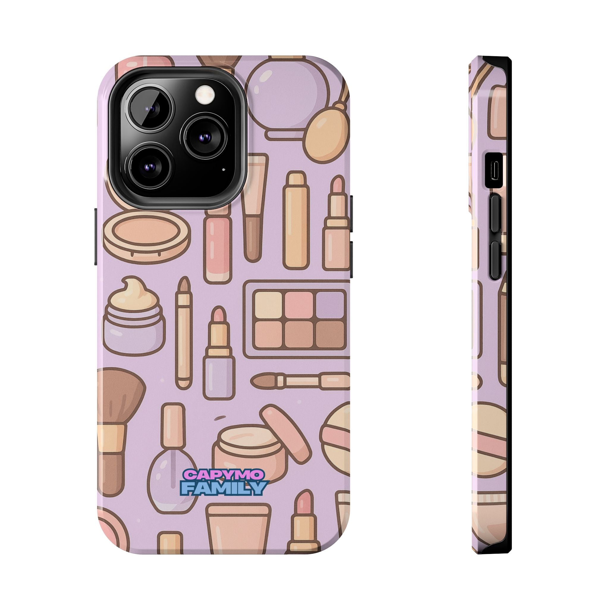 Capymo Family Kawaii Makeup Phone Case – Cute Girly iPhone Cover with Cosmetic Beauty Pattern