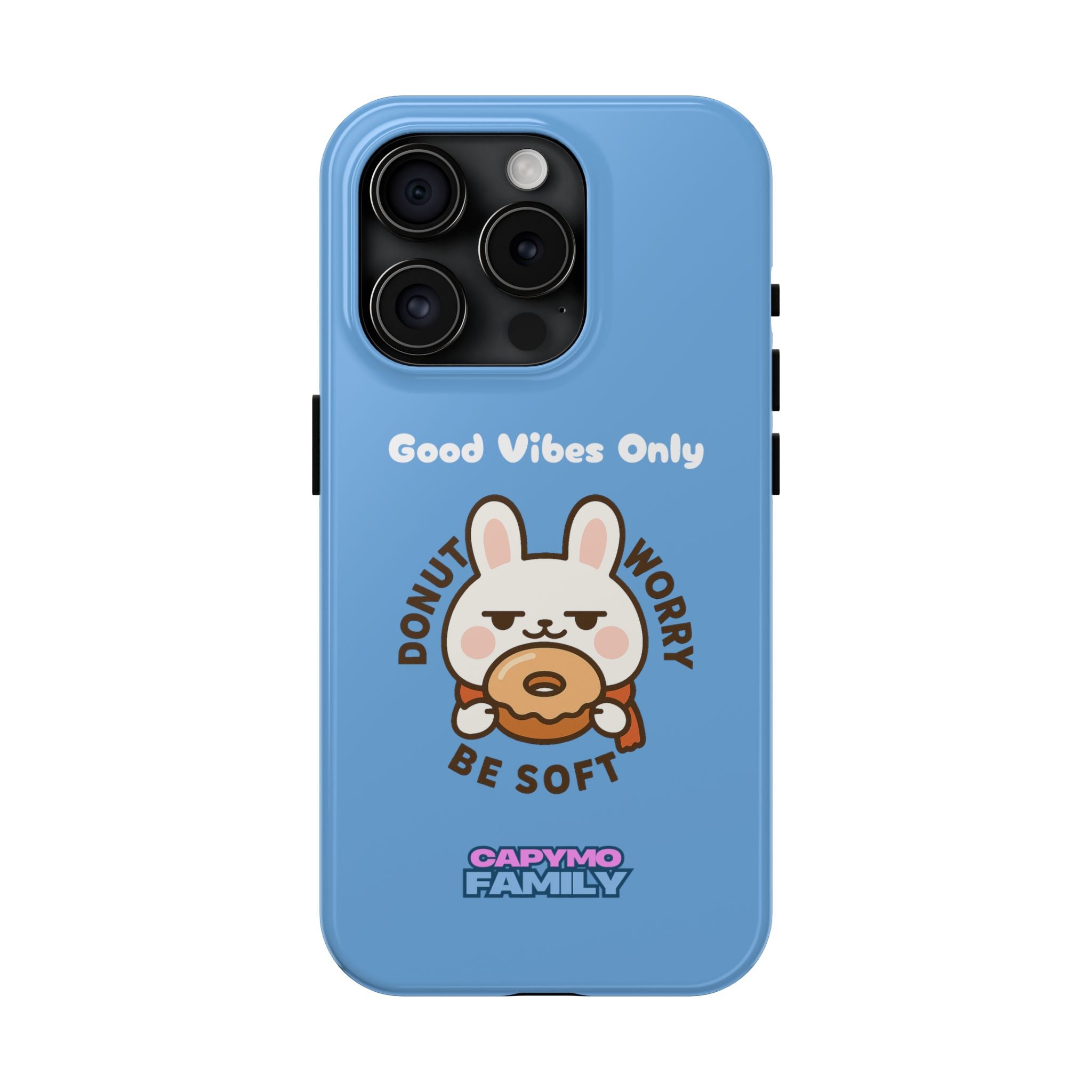 Capymo Family “Donut Worry, Be Soft” Phone Case – Cute Bunny & Donut Positive Vibes Cover