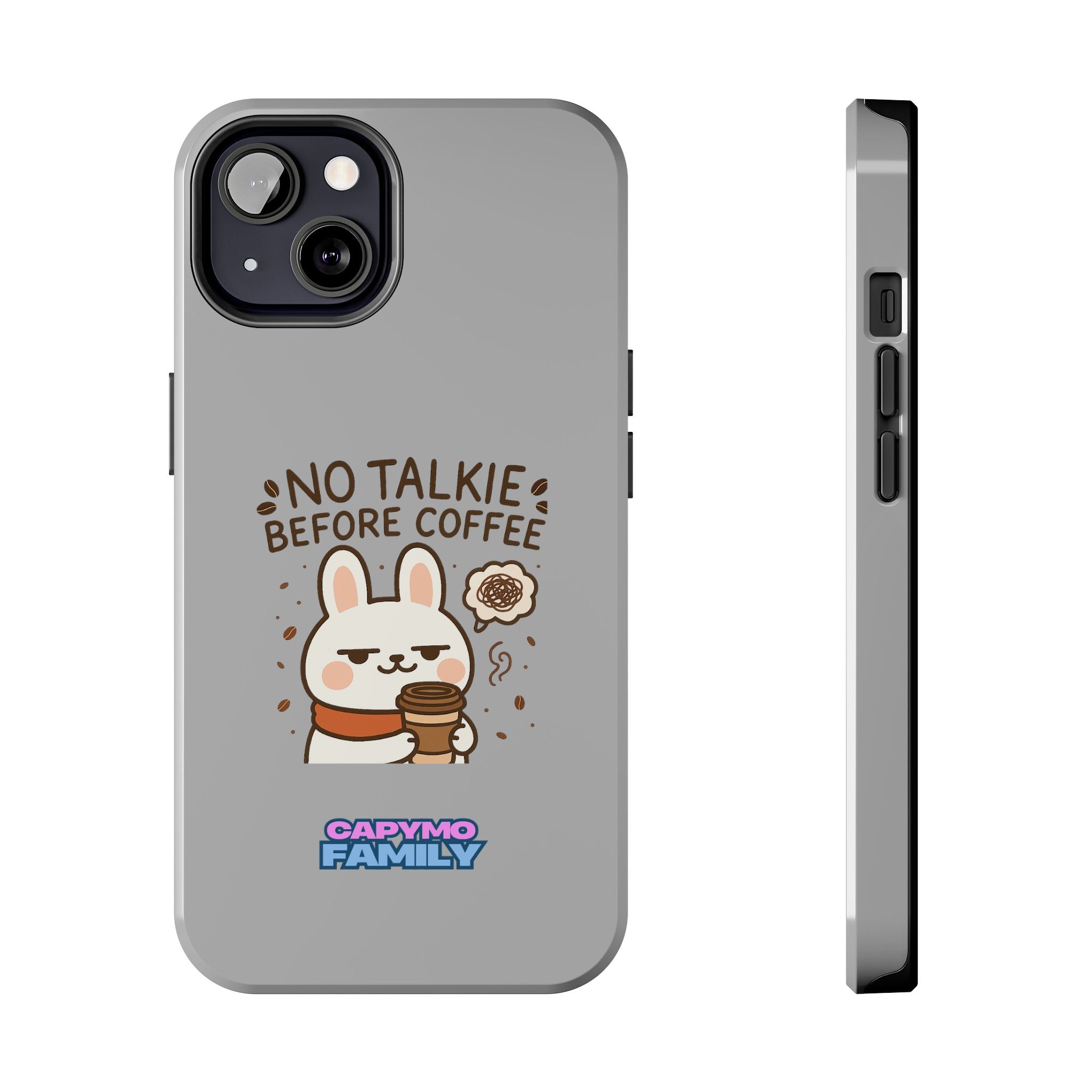 Capymo Family “No Talkie Before Coffee” Phone Case – Grumpy Bunny Morning Mood