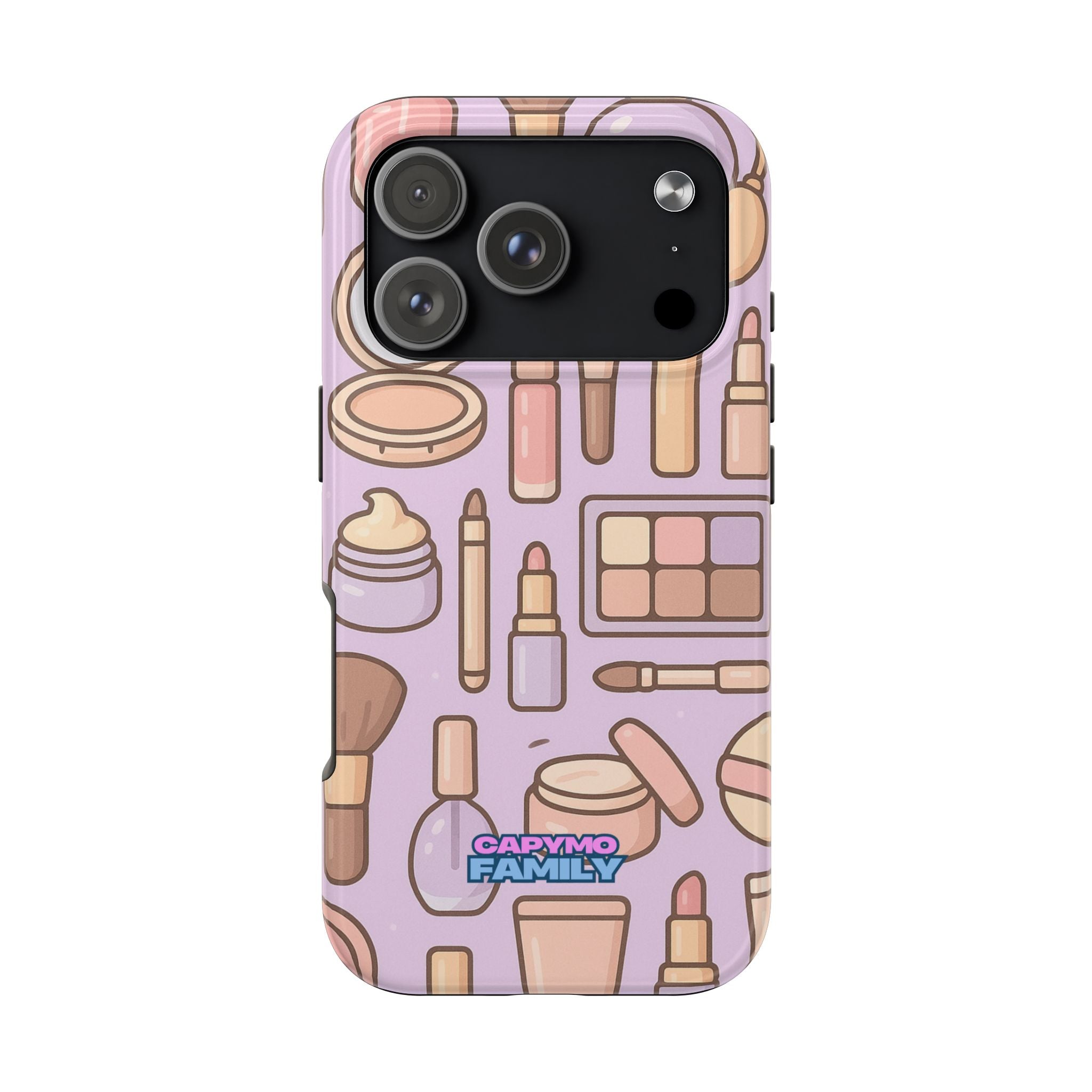 Capymo Family Kawaii Makeup Phone Case – Cute Girly iPhone Cover with Cosmetic Beauty Pattern