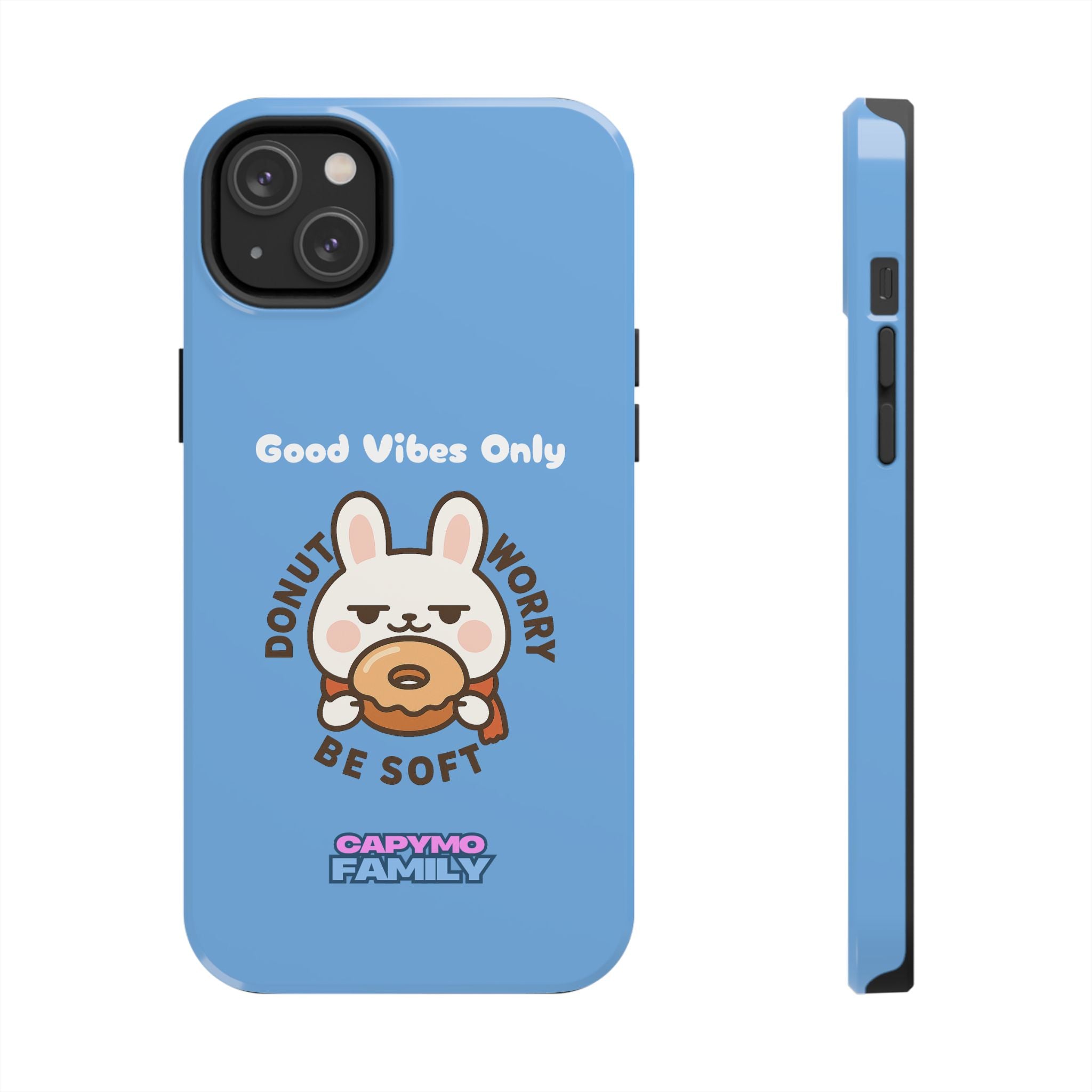 Capymo Family “Donut Worry, Be Soft” Phone Case – Cute Bunny & Donut Positive Vibes Cover