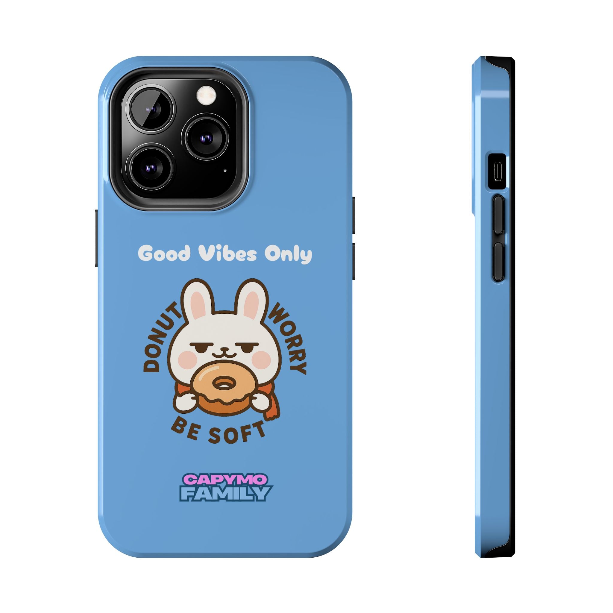 Capymo Family “Donut Worry, Be Soft” Phone Case – Cute Bunny & Donut Positive Vibes Cover