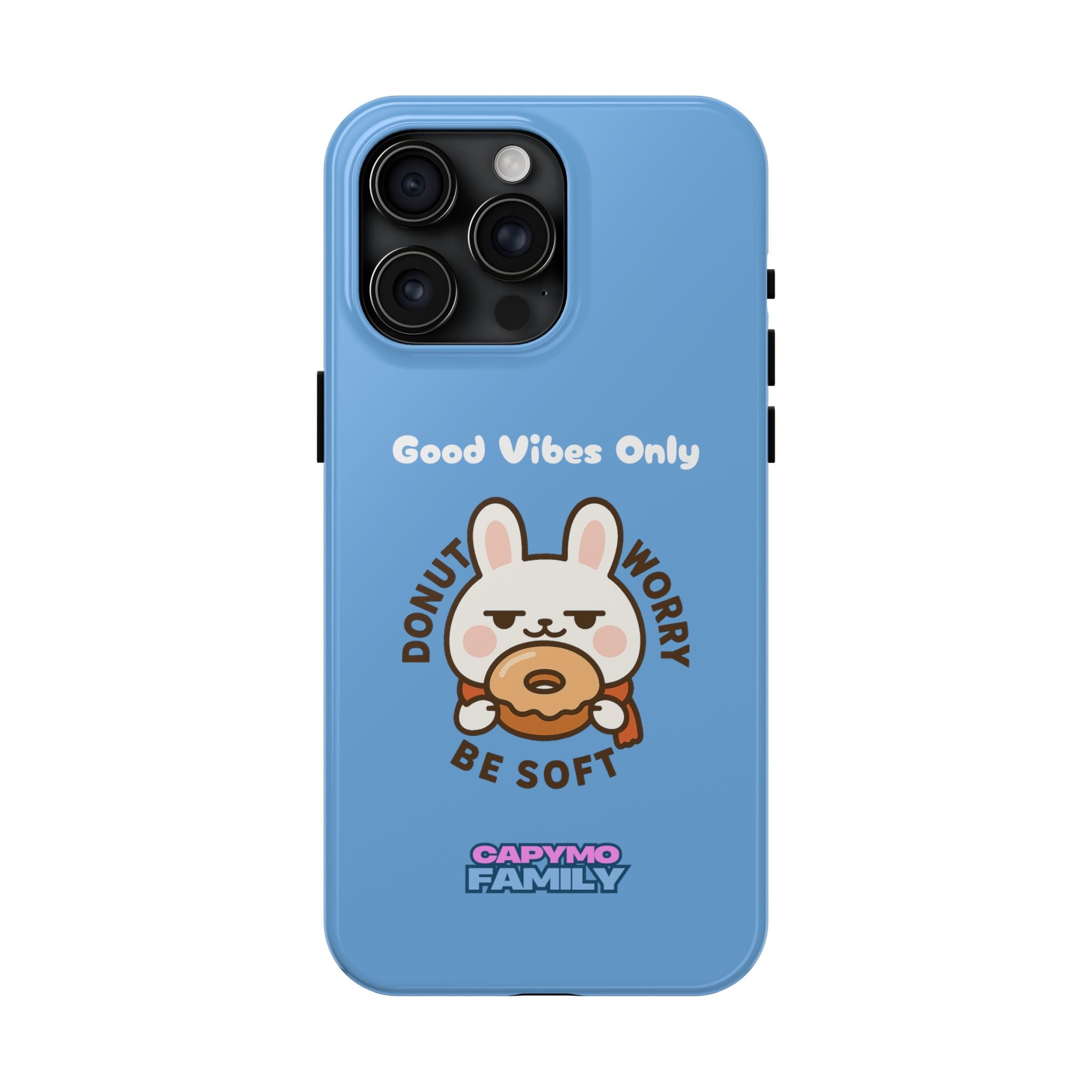 Capymo Family “Donut Worry, Be Soft” Phone Case – Cute Bunny & Donut Positive Vibes Cover