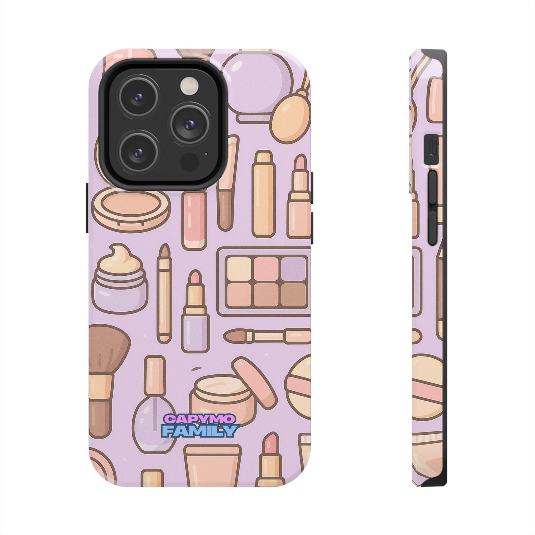Capymo Family Kawaii Makeup Phone Case – Cute Girly iPhone Cover with Cosmetic Beauty Pattern