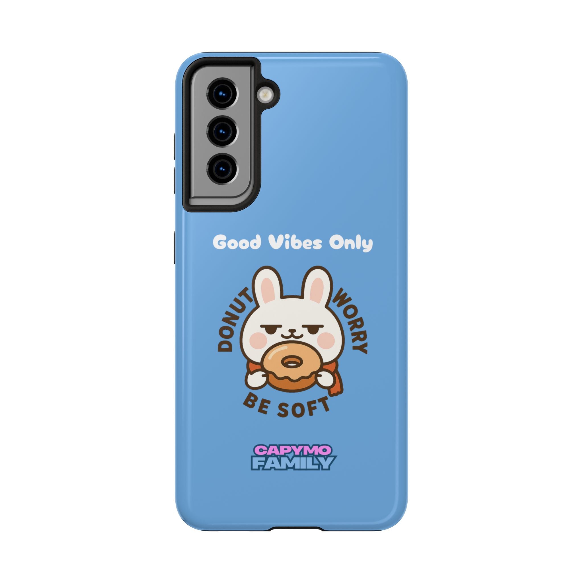 Capymo Family “Donut Worry, Be Soft” Phone Case – Cute Bunny & Donut Positive Vibes Cover