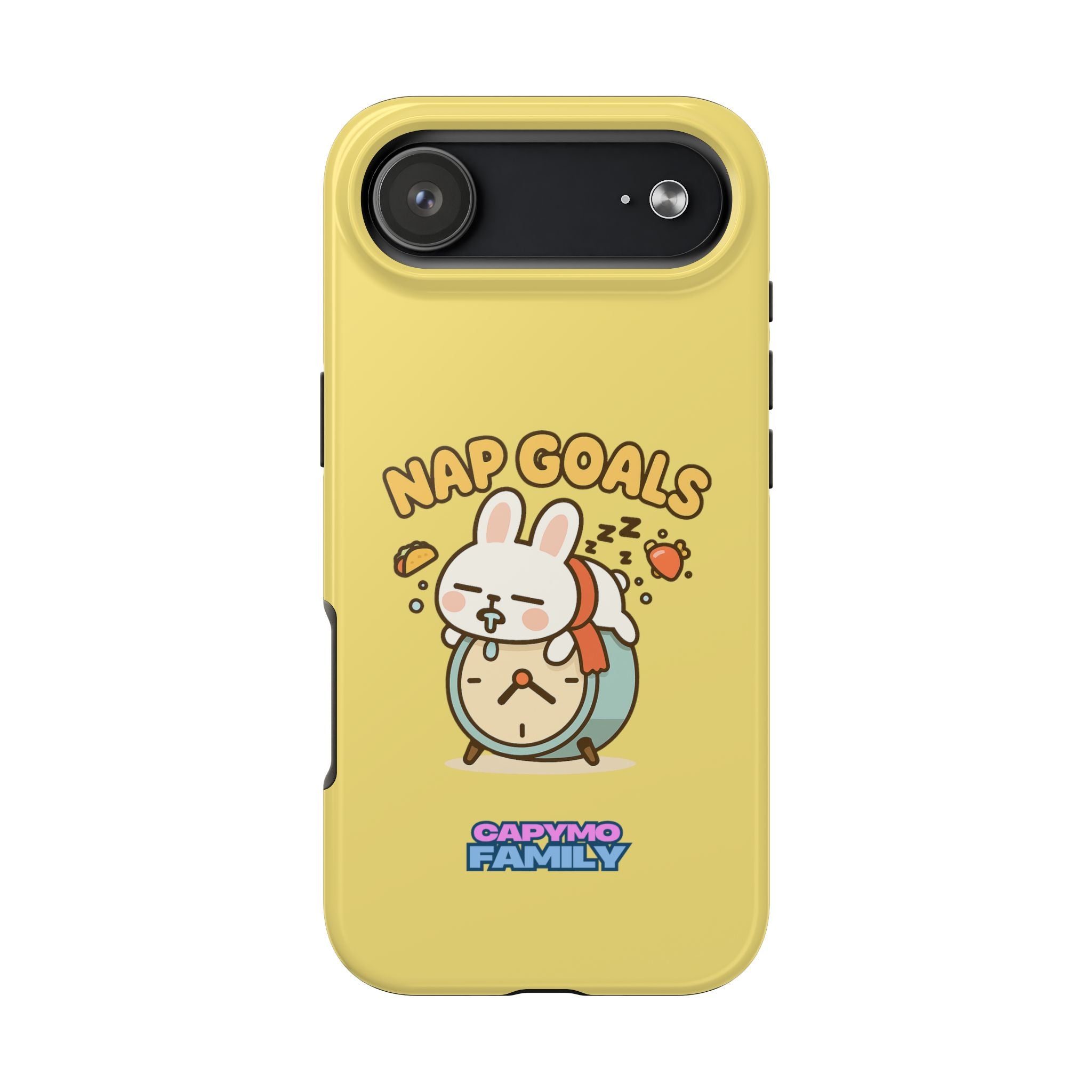 Capymo Family “Nap Goals” Phone Case – Cute Bunny Toto Sleeping on Alarm Clock Cover