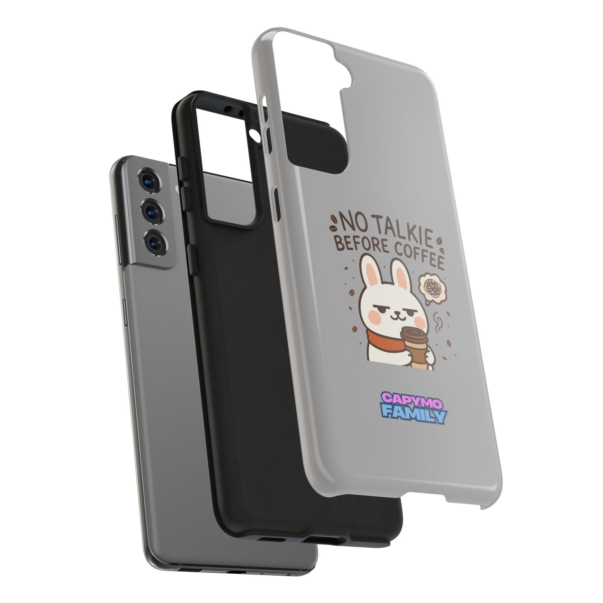 Capymo Family “No Talkie Before Coffee” Phone Case – Grumpy Bunny Morning Mood