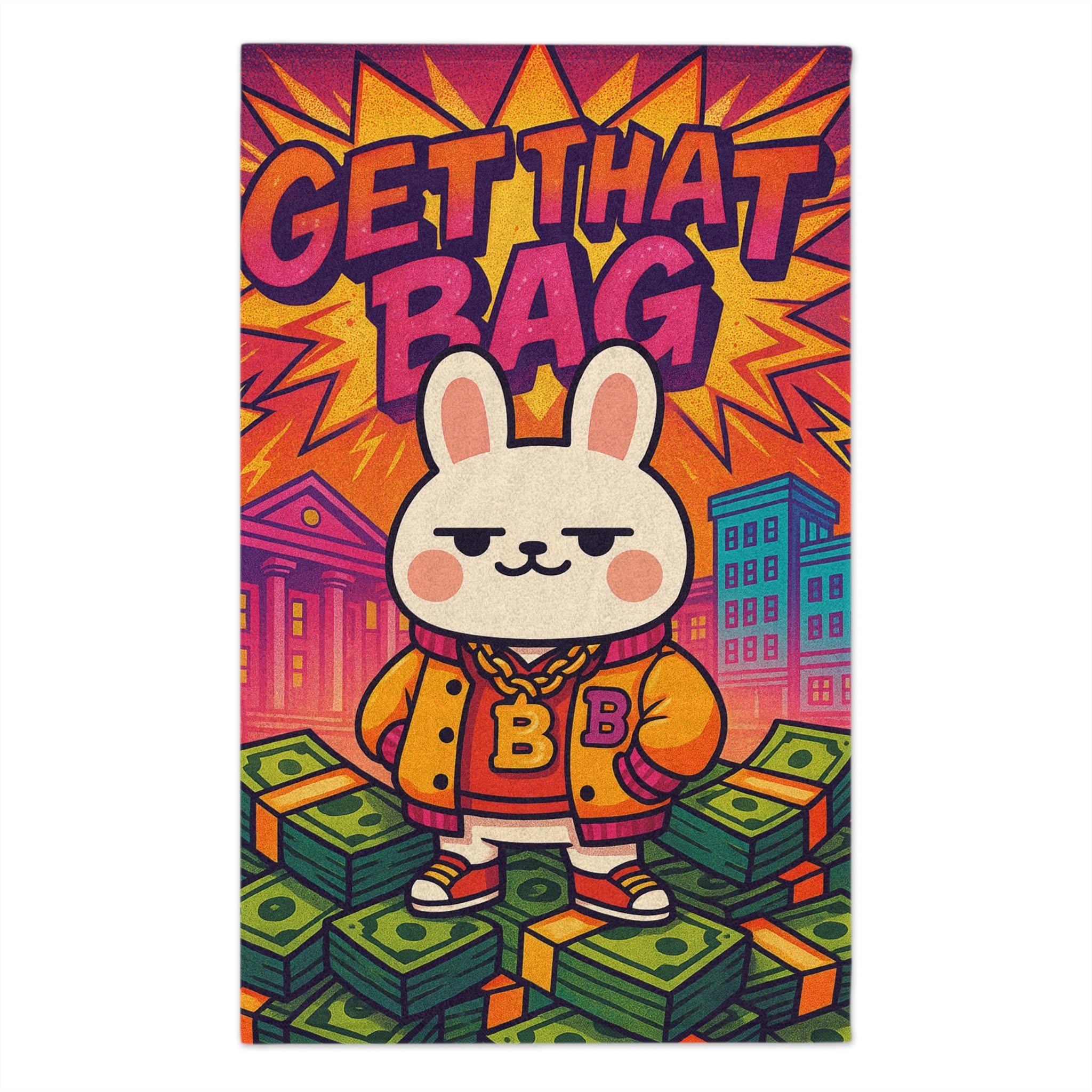 Capymo Family Vibrant Rally Towel - Get That Bag Bunny Design, Sports Towel, Gym Accessory, Colorful Beach Towel, Motivational Gift