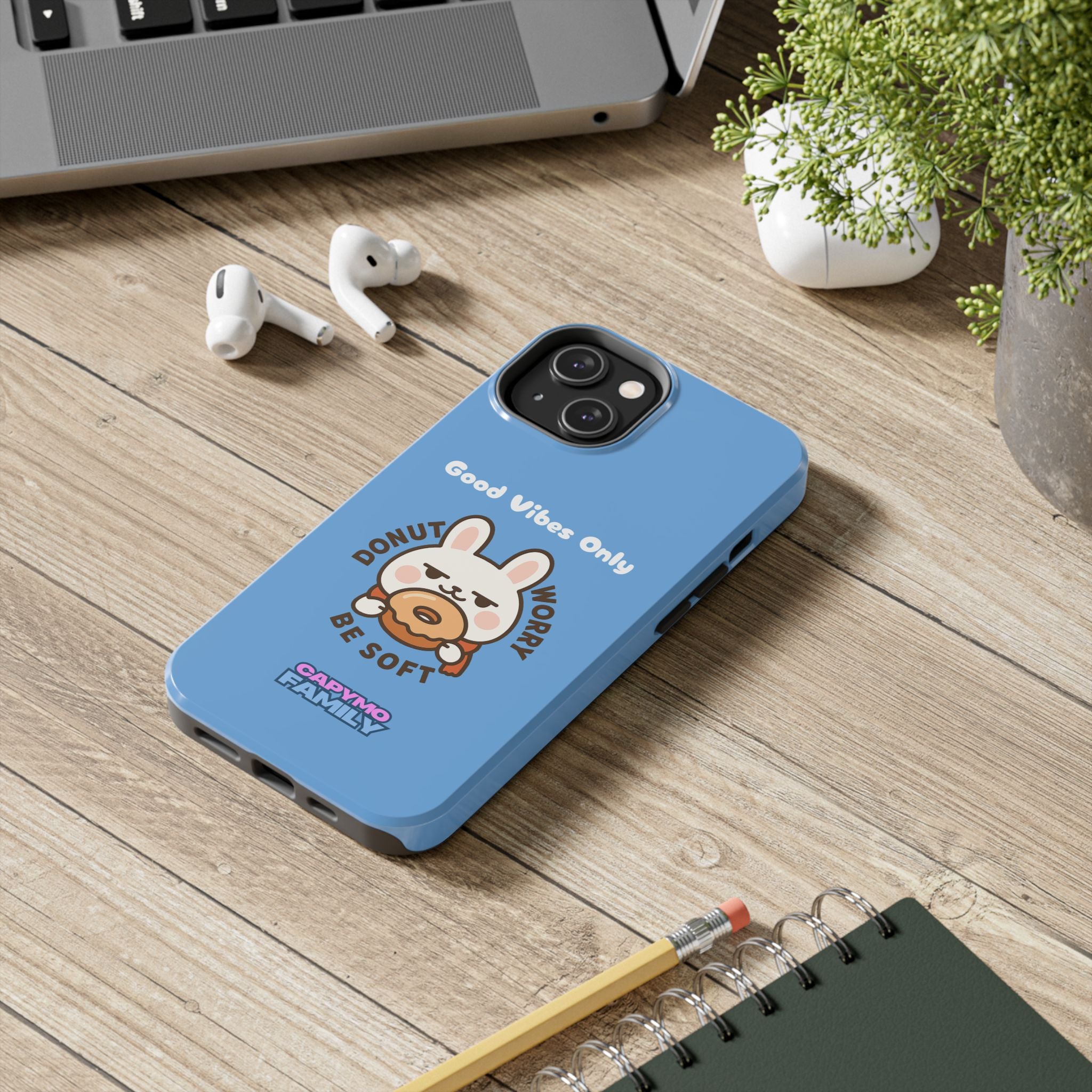 Capymo Family “Donut Worry, Be Soft” Phone Case – Cute Bunny & Donut Positive Vibes Cover