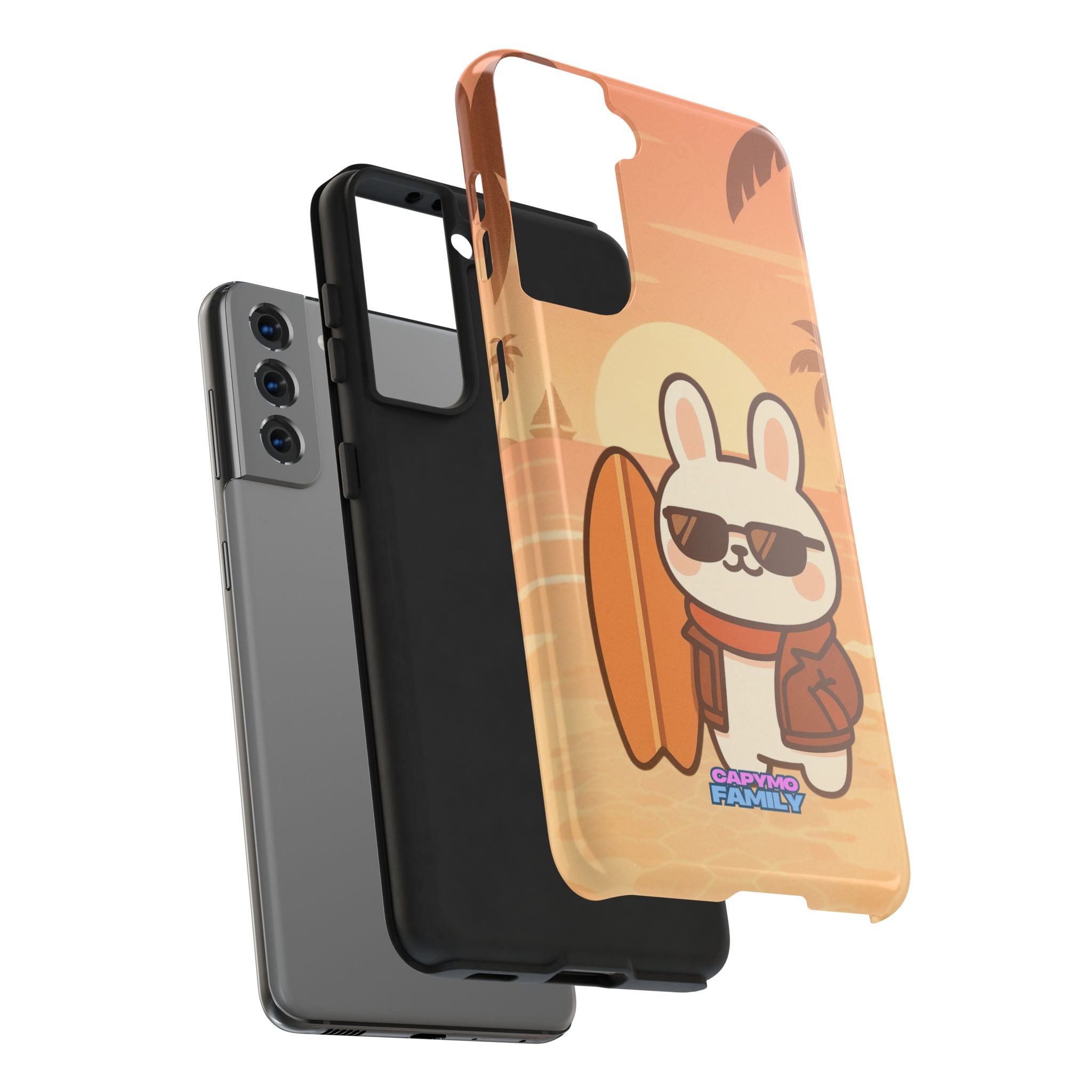 Capymo Family Sunset Surf Bunny Phone Case – Tropical Beach Skateboard Bunny "Toto" Phone Case