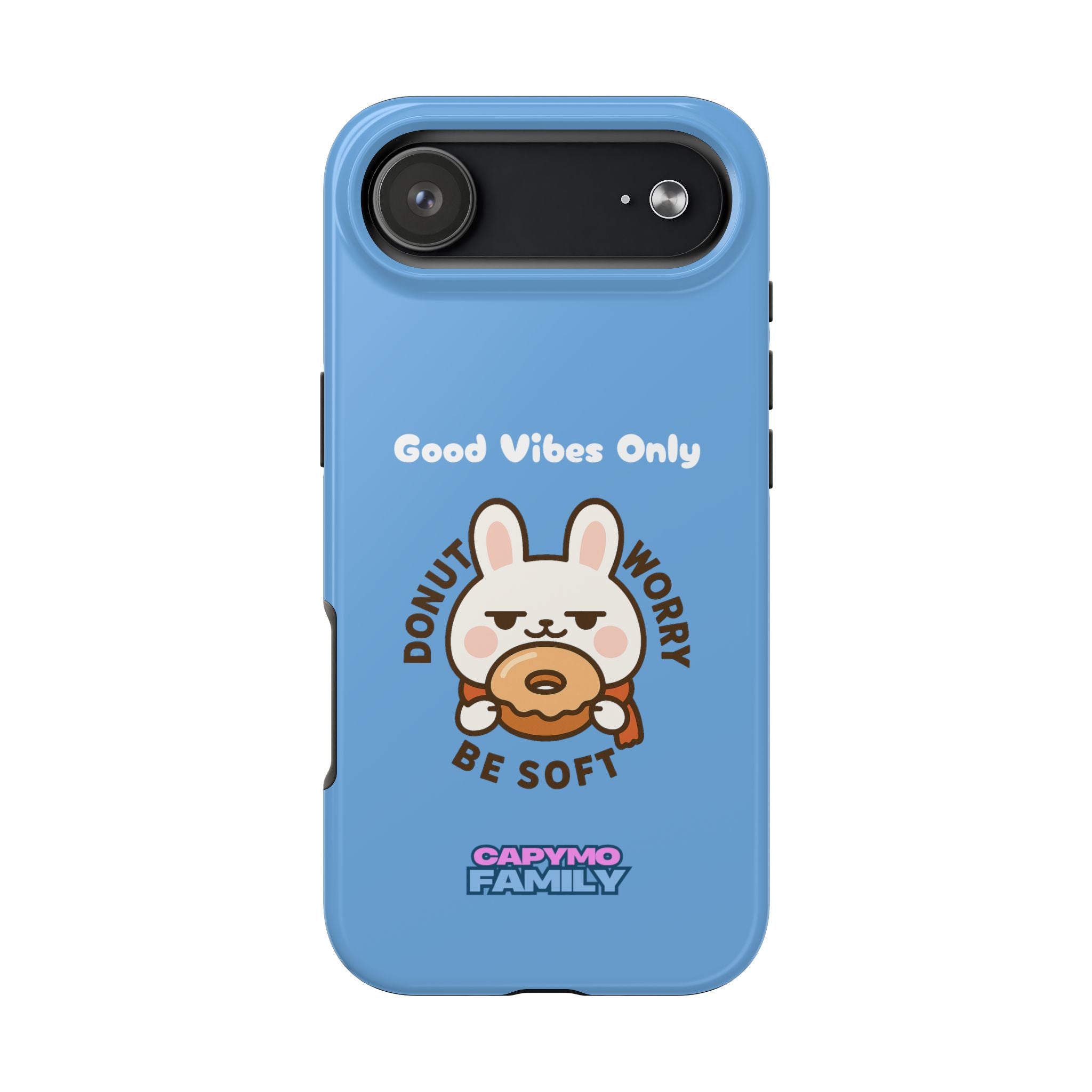 Capymo Family “Donut Worry, Be Soft” Phone Case – Cute Bunny & Donut Positive Vibes Cover