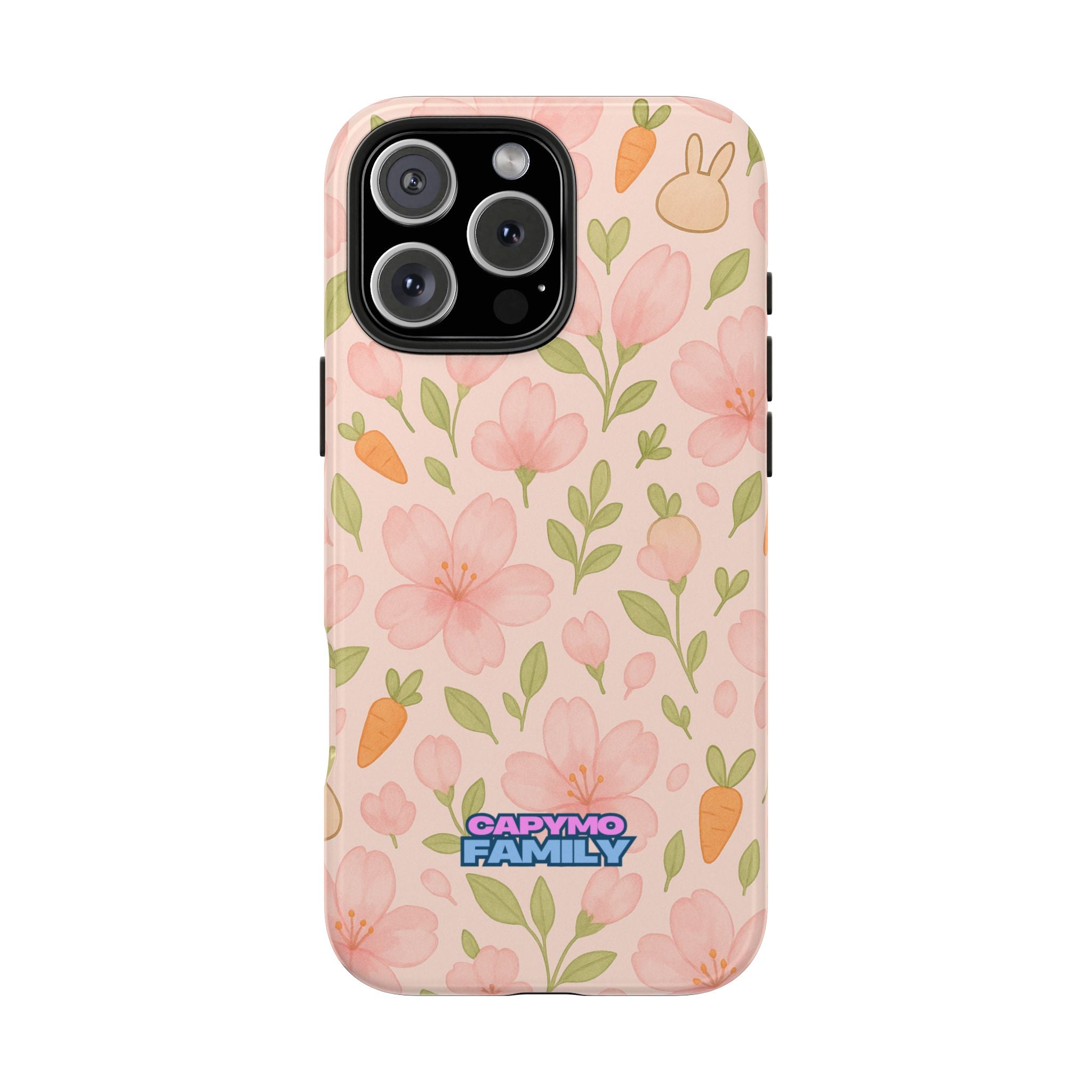 Capymo Family Bunny Blossom Spring Phone Case – Cute Floral iPhone Cover with Carrots & Sakura