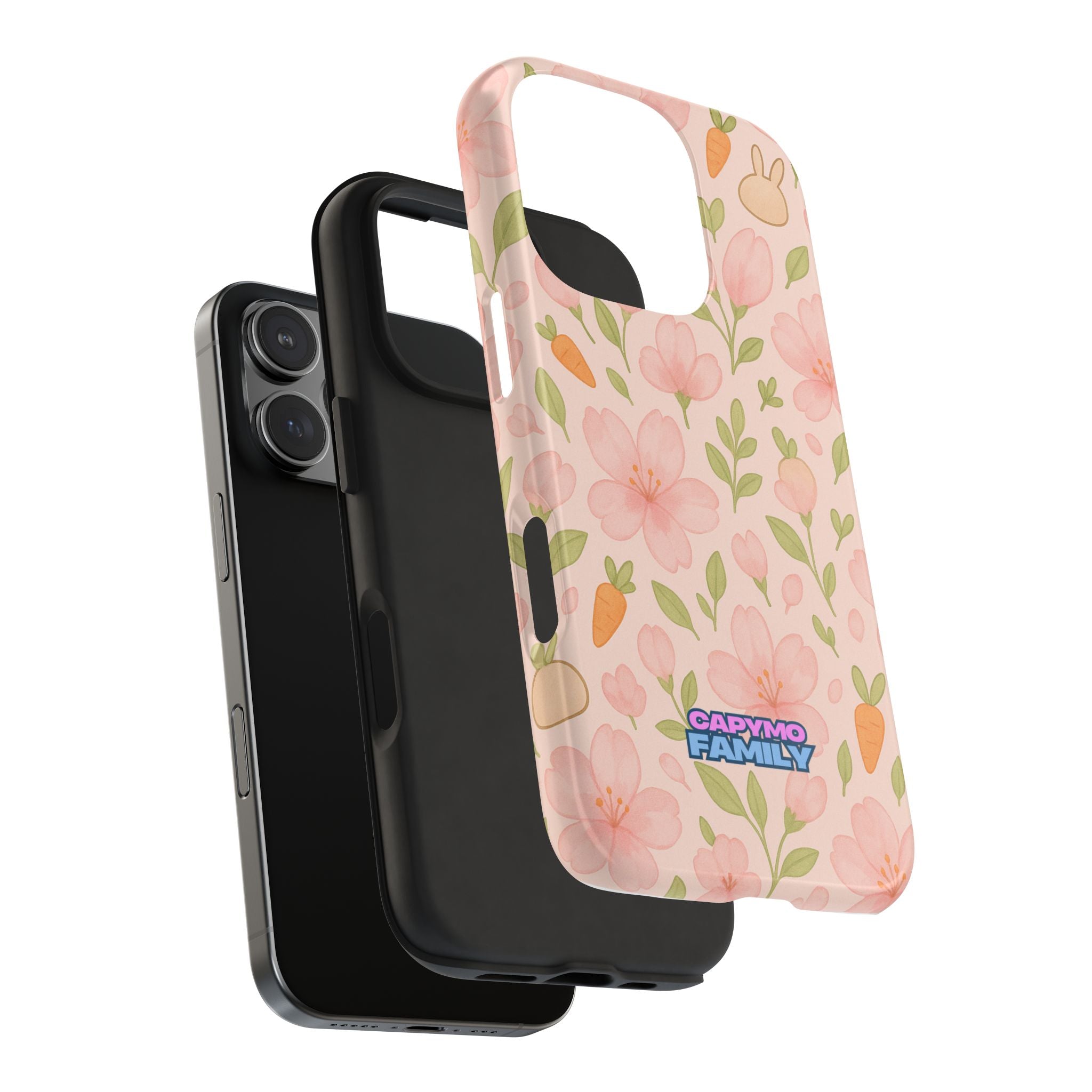 Capymo Family Bunny Blossom Spring Phone Case – Cute Floral iPhone Cover with Carrots & Sakura