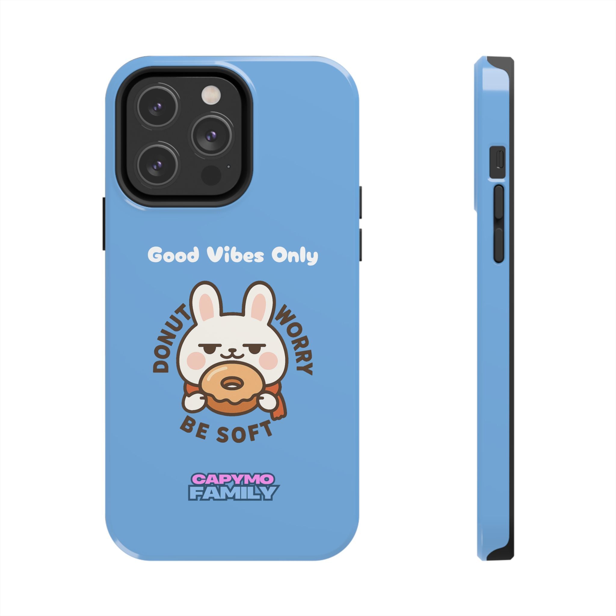 Capymo Family “Donut Worry, Be Soft” Phone Case – Cute Bunny & Donut Positive Vibes Cover