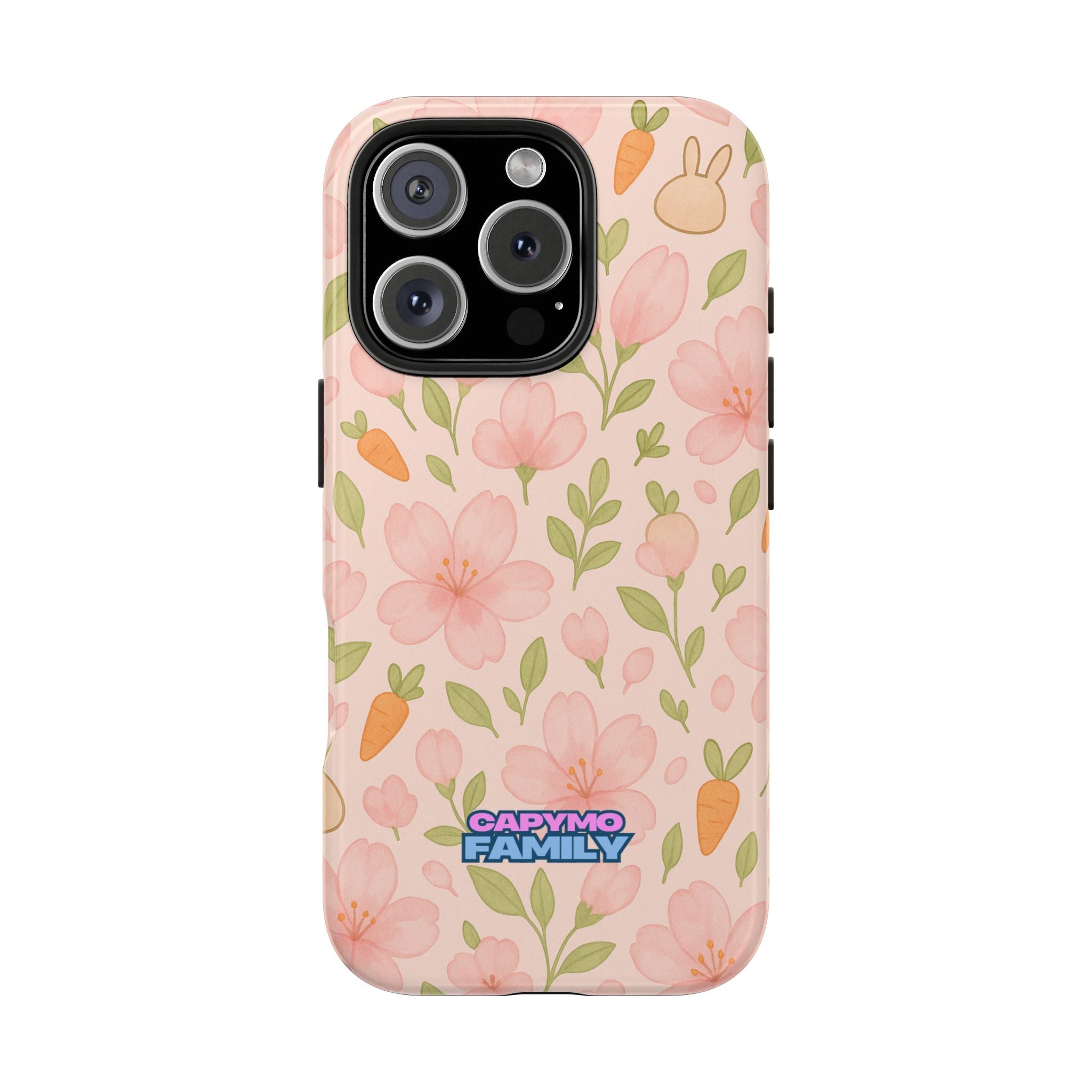 Capymo Family Bunny Blossom Spring Phone Case – Cute Floral iPhone Cover with Carrots & Sakura