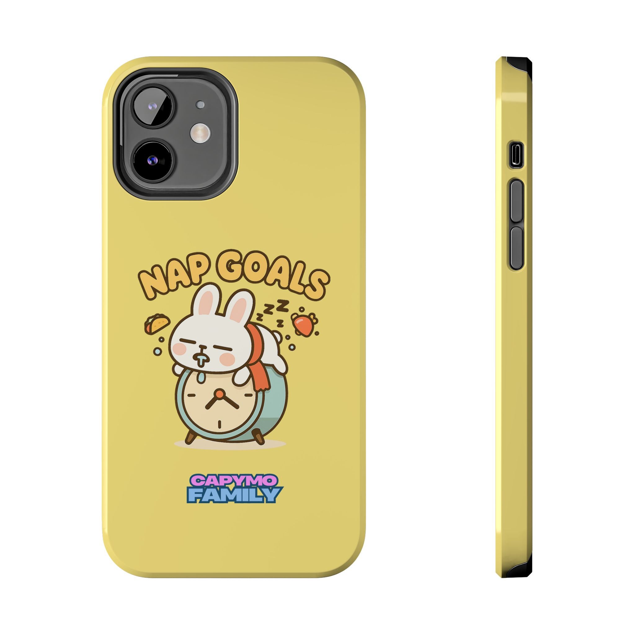 Capymo Family “Nap Goals” Phone Case – Cute Bunny Toto Sleeping on Alarm Clock Cover