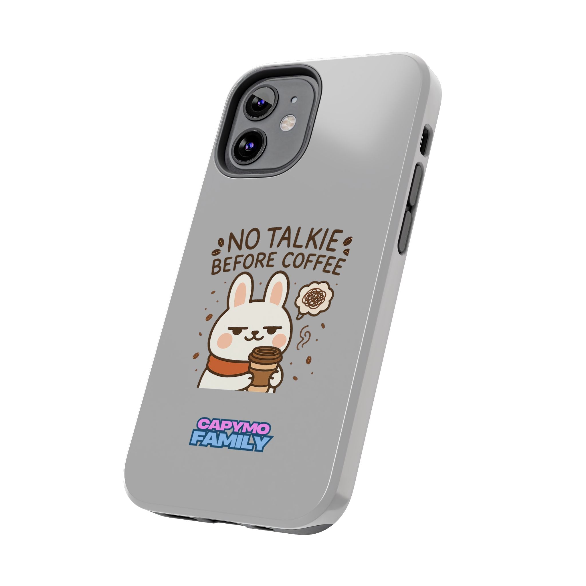 Capymo Family “No Talkie Before Coffee” Phone Case – Grumpy Bunny Morning Mood