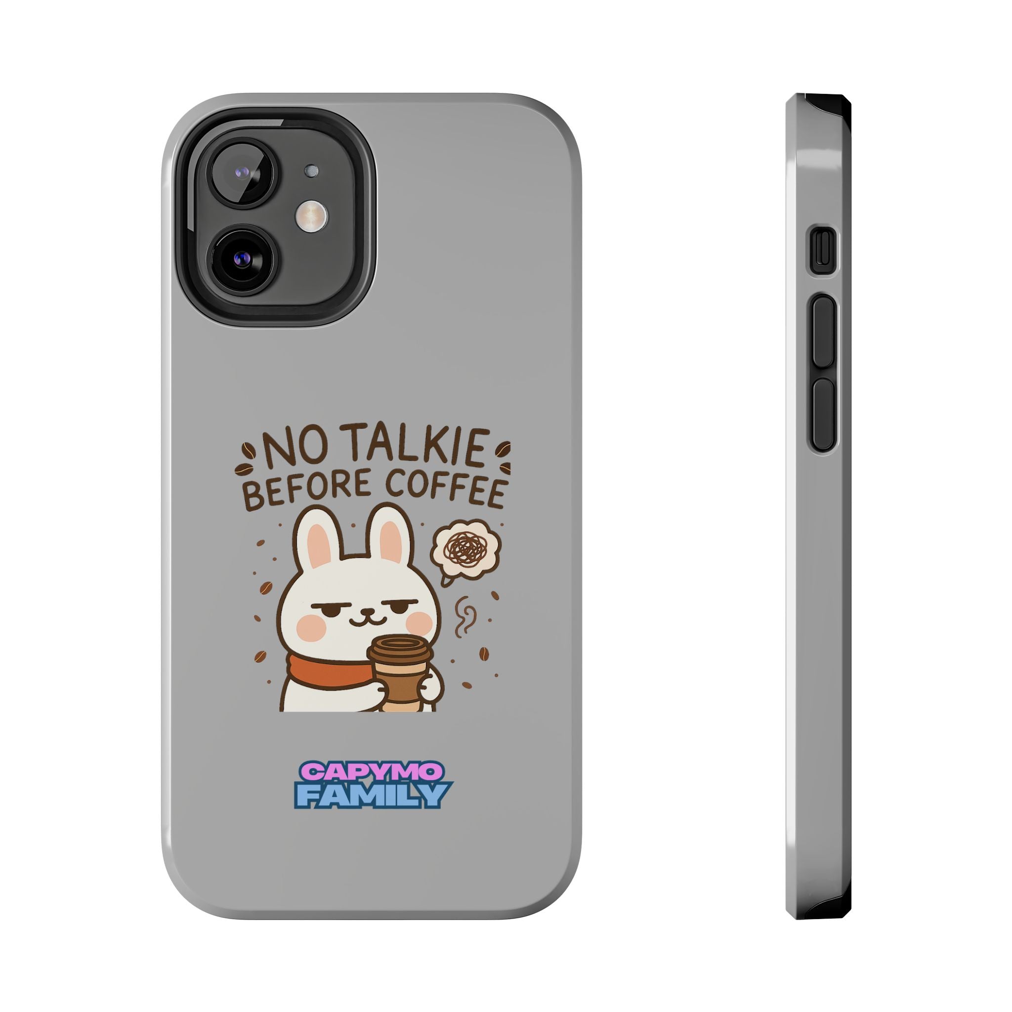 Capymo Family “No Talkie Before Coffee” Phone Case – Grumpy Bunny Morning Mood