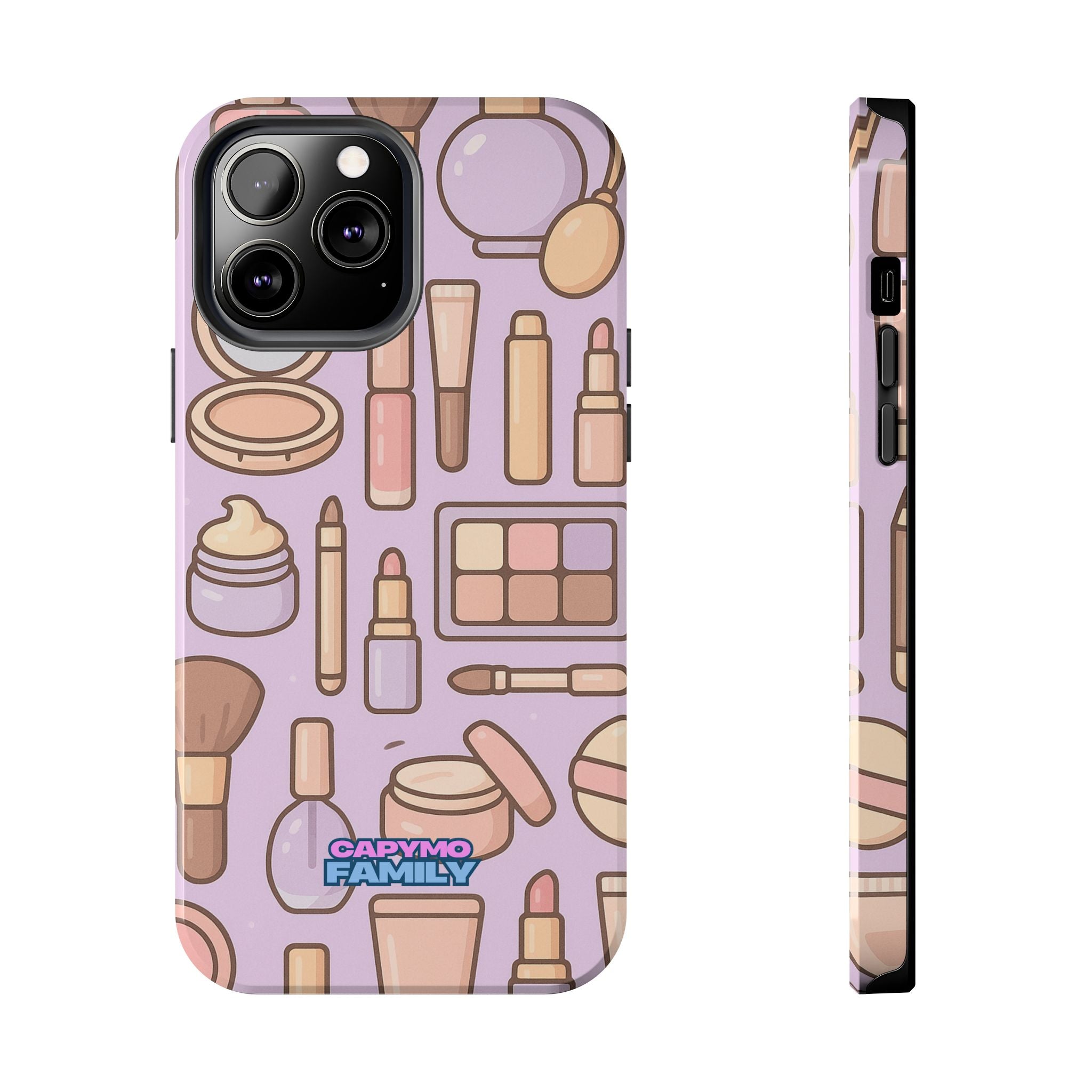 Capymo Family Kawaii Makeup Phone Case – Cute Girly iPhone Cover with Cosmetic Beauty Pattern