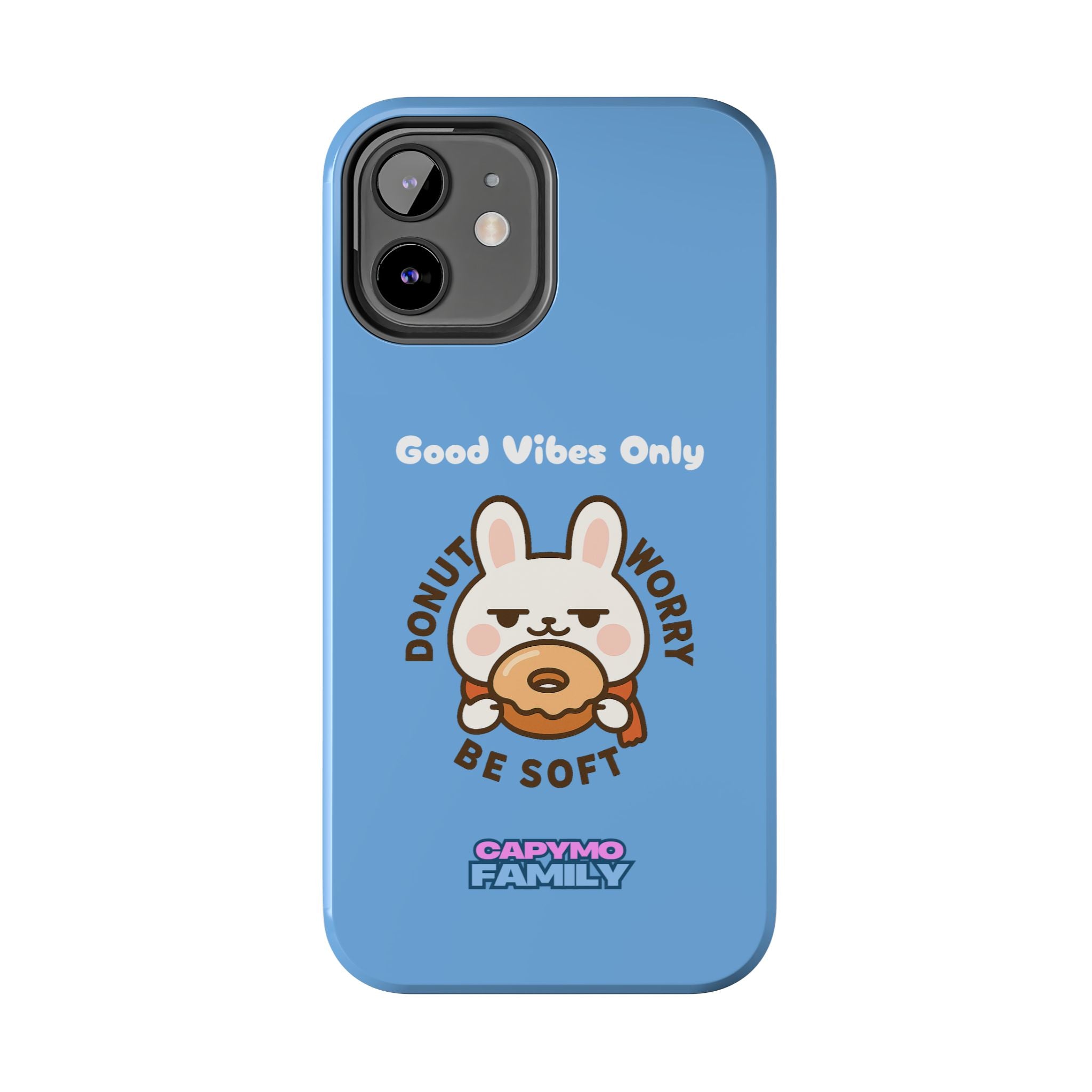 Capymo Family “Donut Worry, Be Soft” Phone Case – Cute Bunny & Donut Positive Vibes Cover