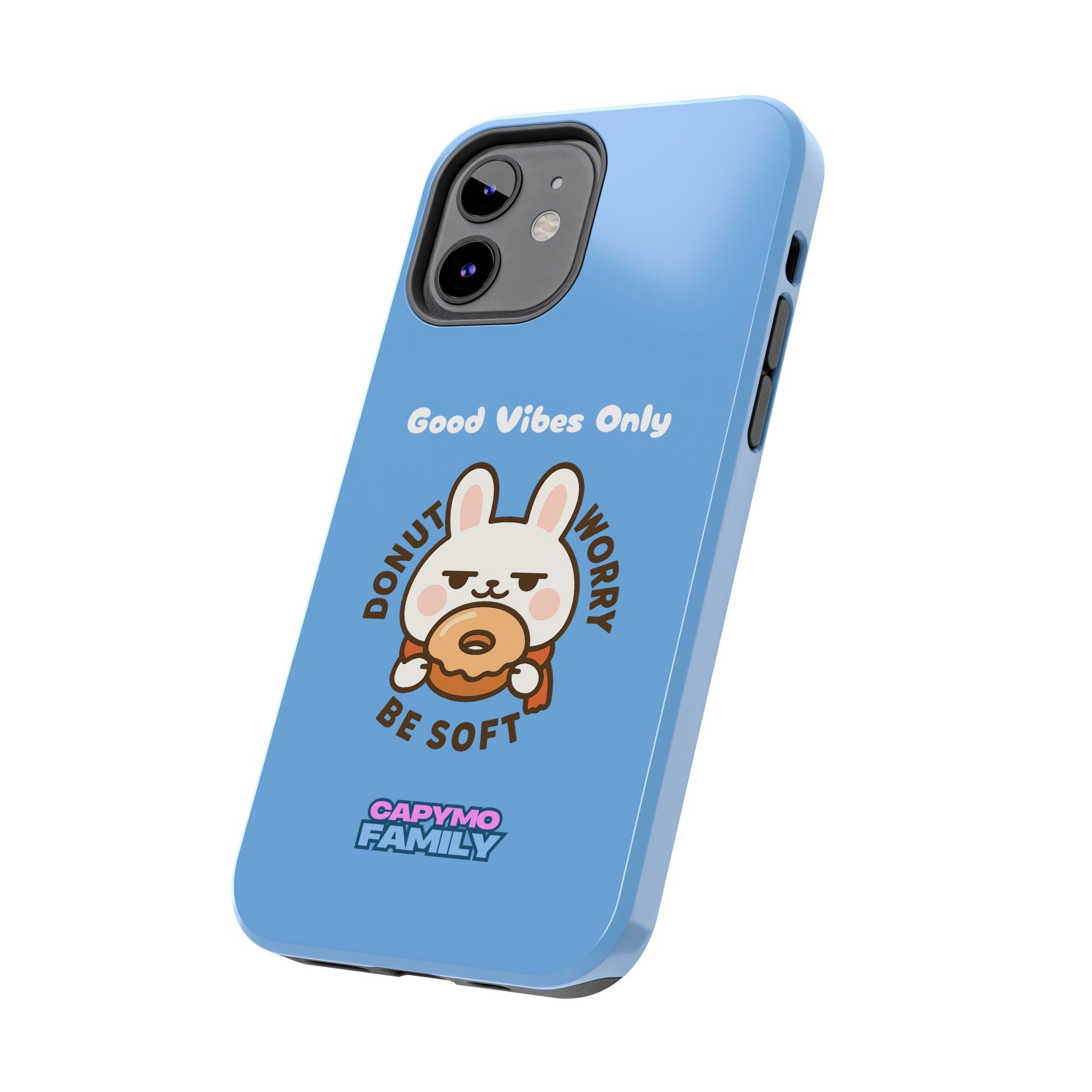 Capymo Family “Donut Worry, Be Soft” Phone Case – Cute Bunny & Donut Positive Vibes Cover