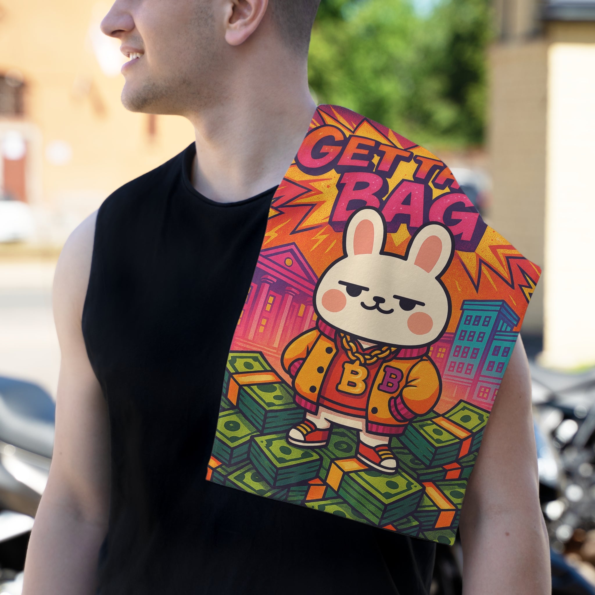 Capymo Family Vibrant Rally Towel - Get That Bag Bunny Design, Sports Towel, Gym Accessory, Colorful Beach Towel, Motivational Gift