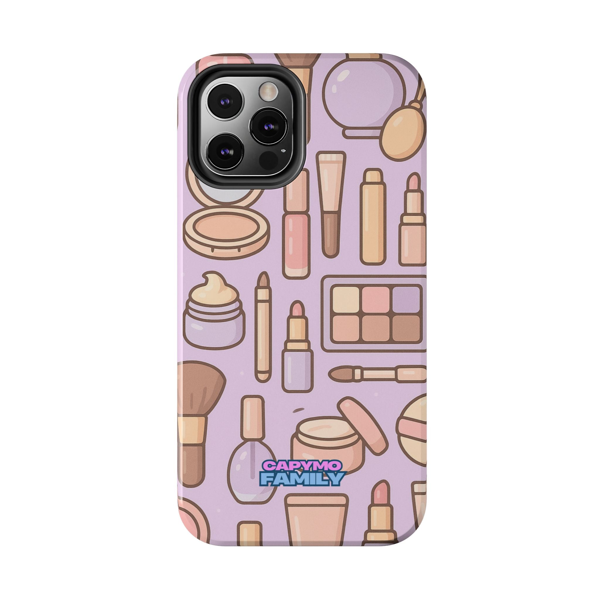 Capymo Family Kawaii Makeup Phone Case – Cute Girly iPhone Cover with Cosmetic Beauty Pattern
