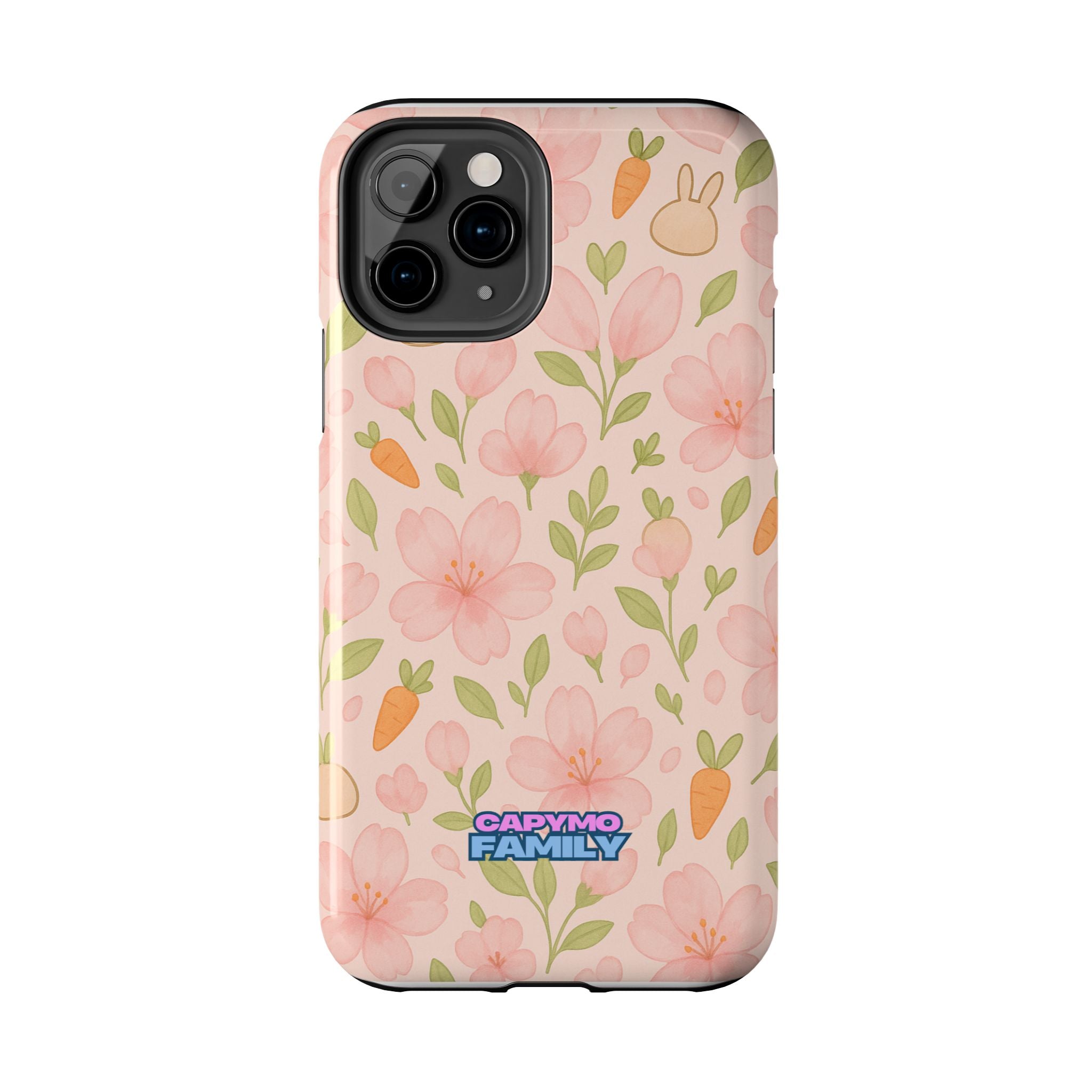 Capymo Family Bunny Blossom Spring Phone Case – Cute Floral iPhone Cover with Carrots & Sakura