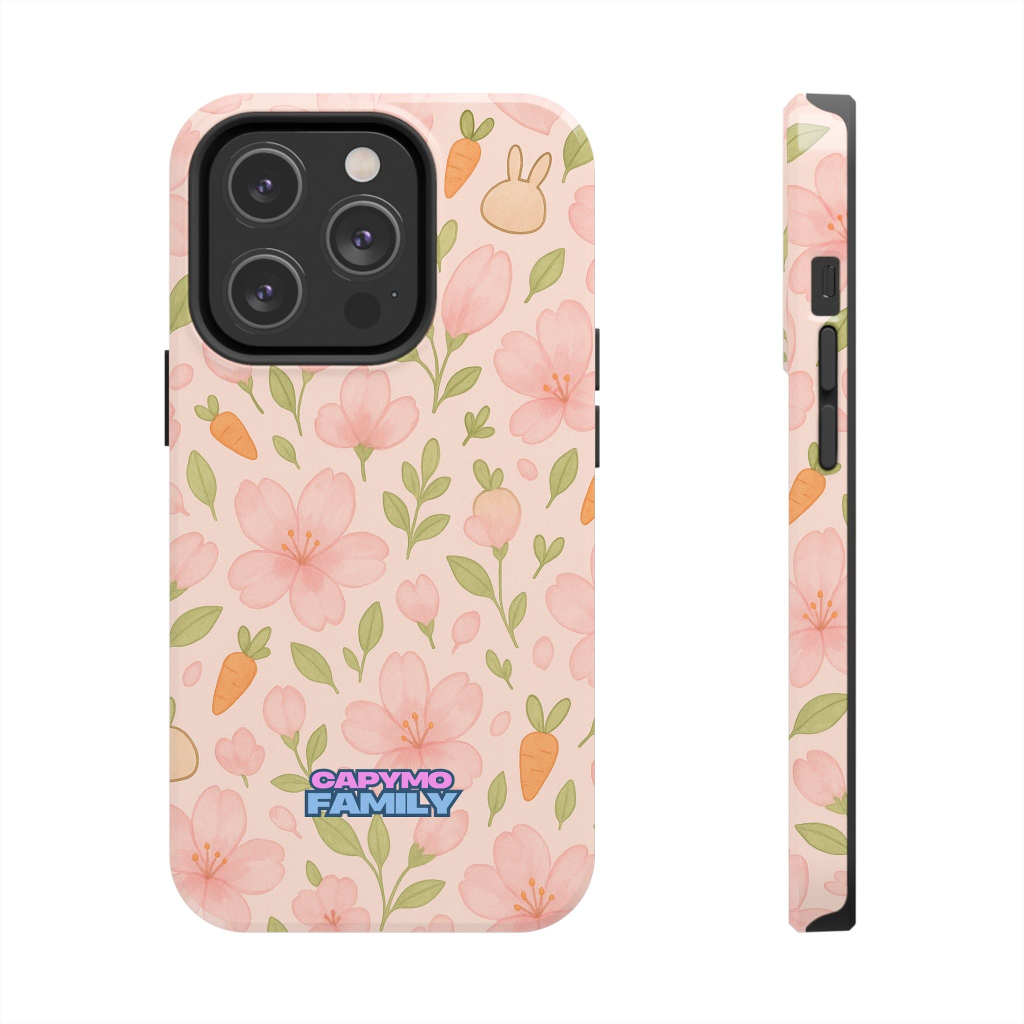 Capymo Family Bunny Blossom Spring Phone Case – Cute Floral iPhone Cover with Carrots & Sakura
