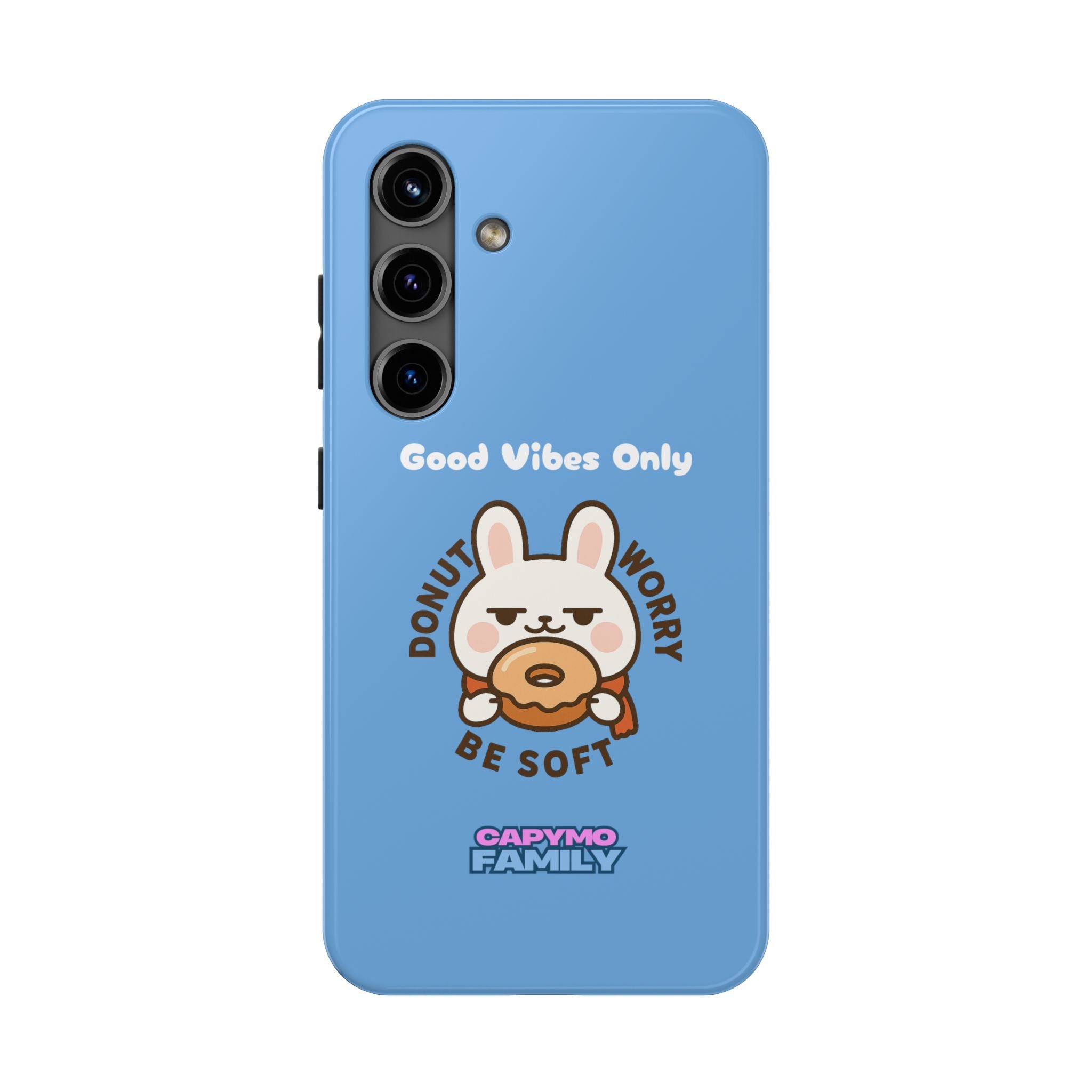 Capymo Family “Donut Worry, Be Soft” Phone Case – Cute Bunny & Donut Positive Vibes Cover