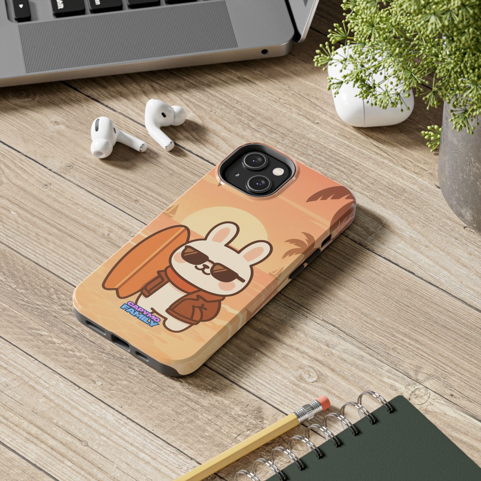 Capymo Family Sunset Surf Bunny Phone Case – Tropical Beach Skateboard Bunny "Toto" Phone Case